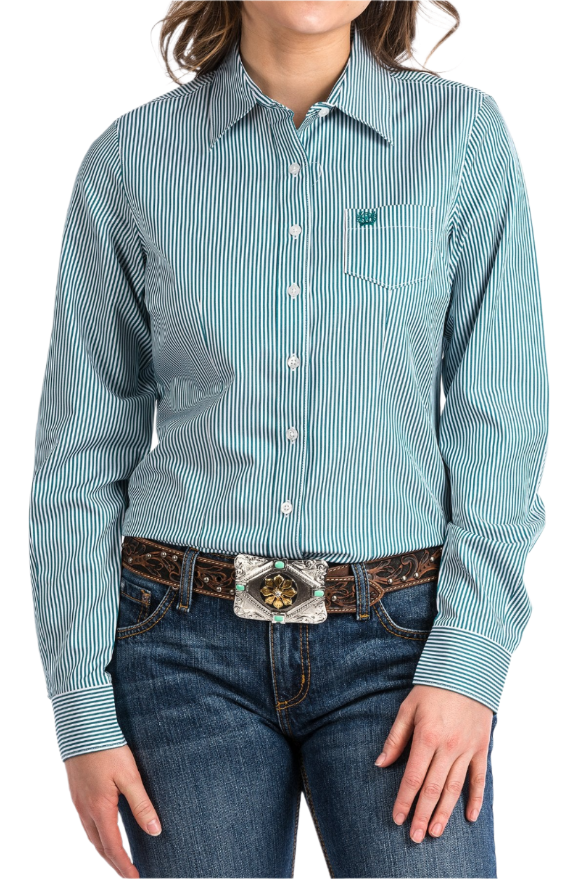Woman wearing a striped teal button down shirt with jeans and a western belt