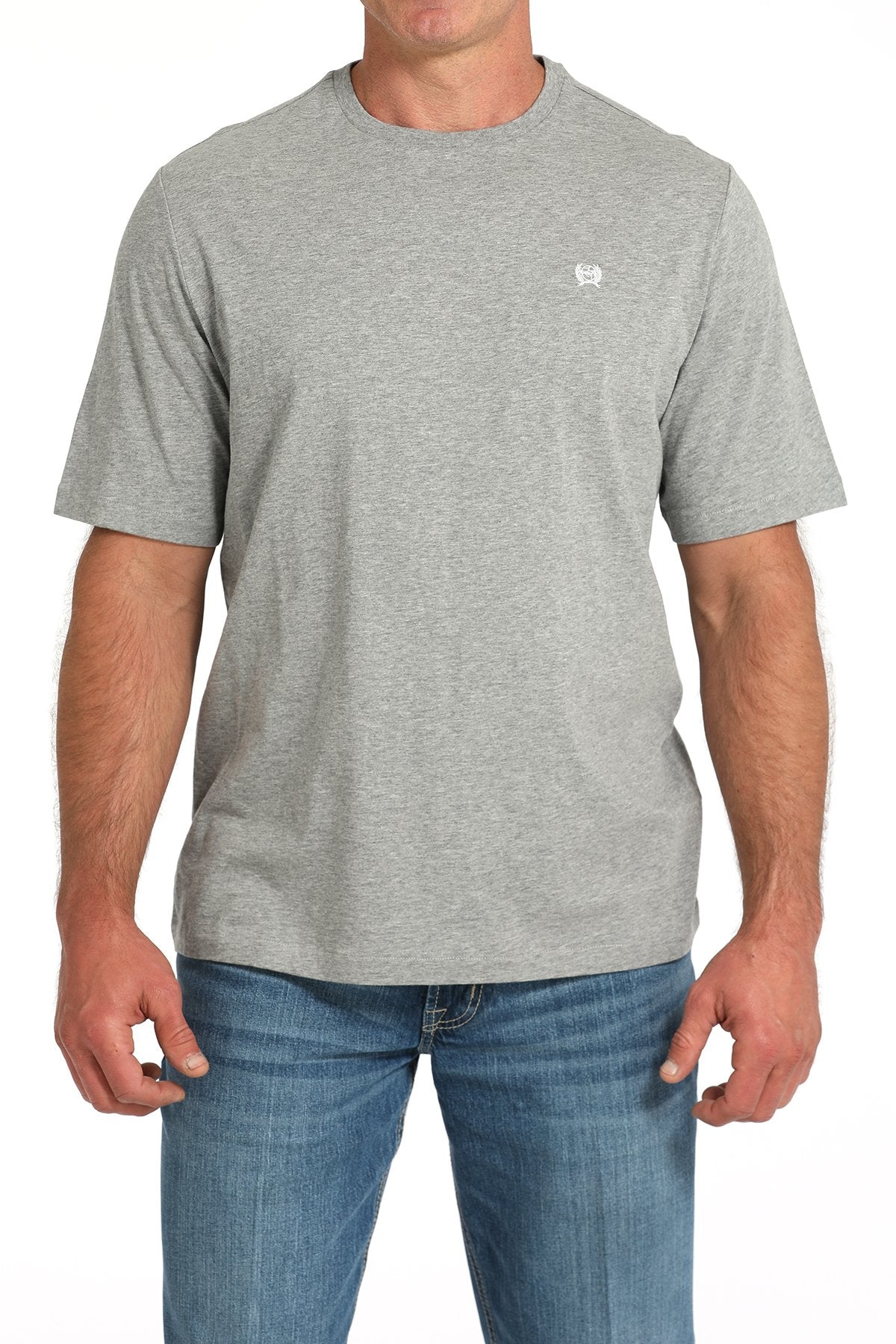 Front view of a man wearing a gray short-sleeve t-shirt with a small white logo on the chest, paired with blue jeans displayed on a white background.