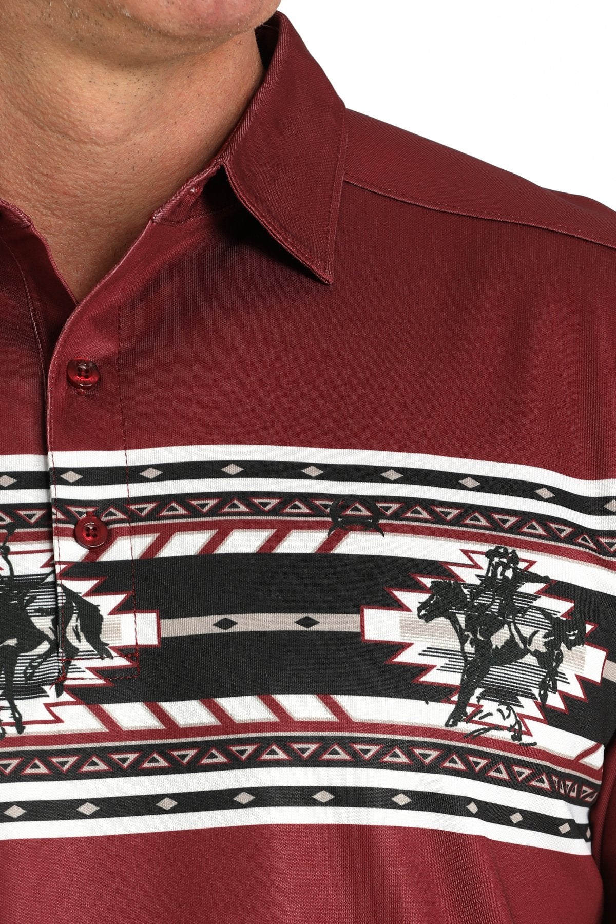 Close-up of a man wearing a maroon short-sleeve polo shirt with a black and white patterned chest stripe displayed on a white background.