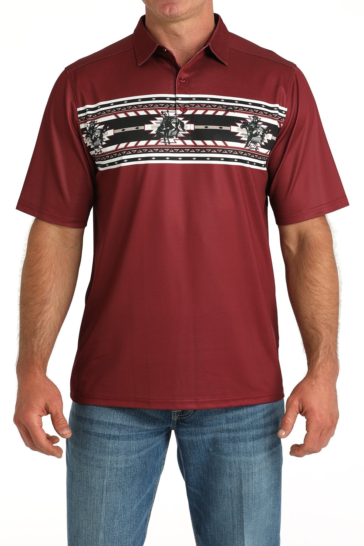 Man wearing a maroon short-sleeve polo shirt with a black and white patterned chest stripe and blue jeans displayed on a white background.