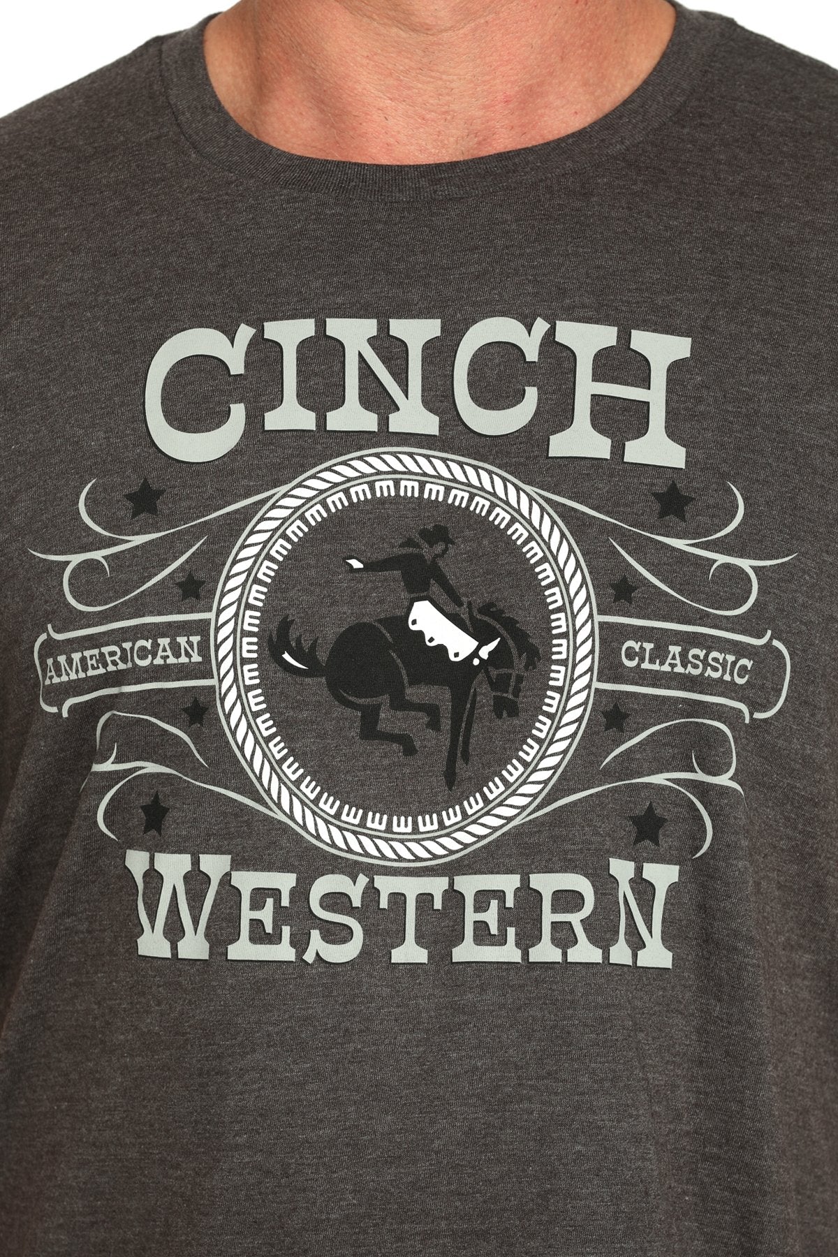 Close-up view of a gray short-sleeve t-shirt with a large CINCH Western graphic displayed on a white background.
