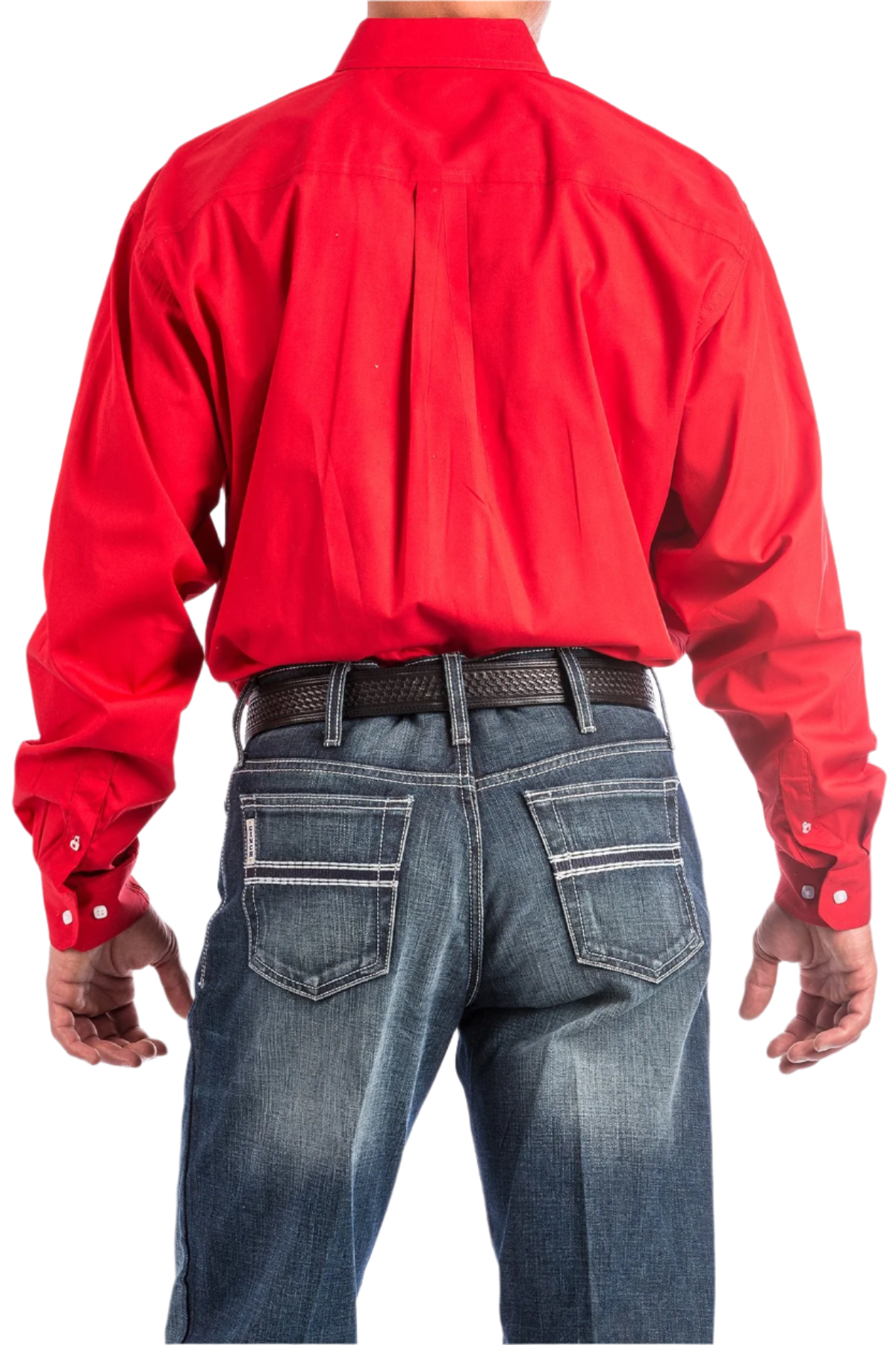 Back view of a man wearing a red button down shirt with jeans and a western belt
