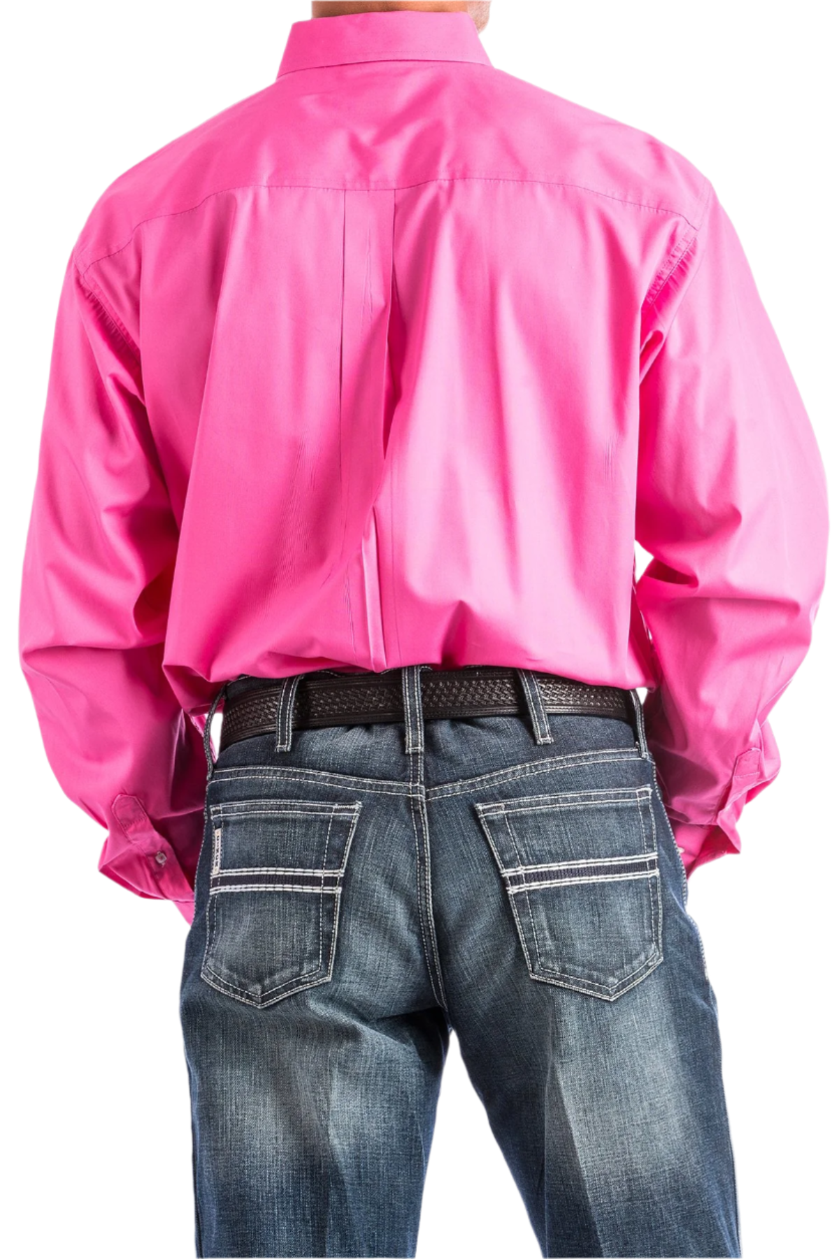 Back view of a man wearing a long-sleeve pink Western shirt with a button-down collar, paired with blue jeans and a belt