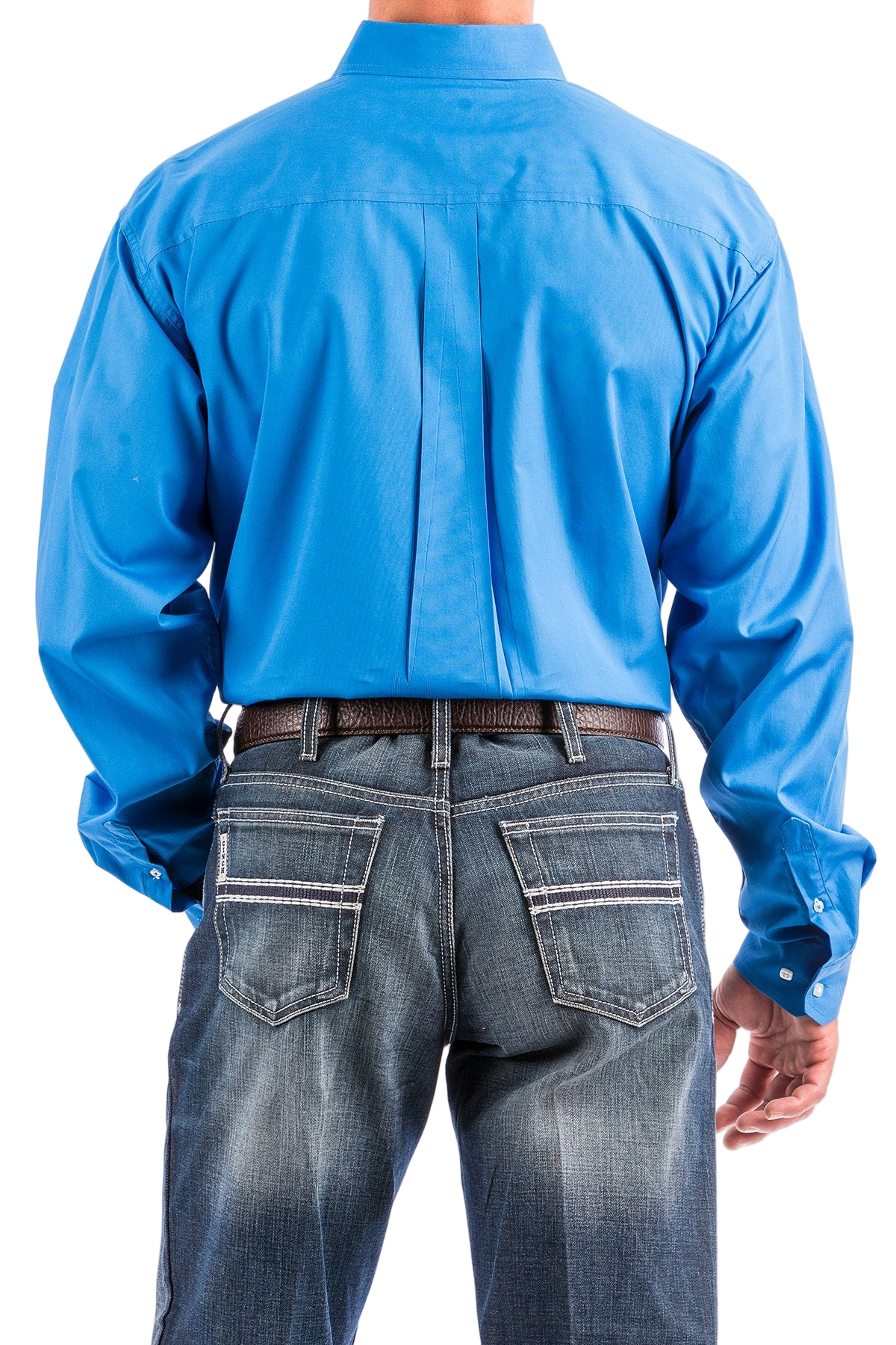 Back view of a man wearing a blue button-up shirt and jeans with a belt on a white background