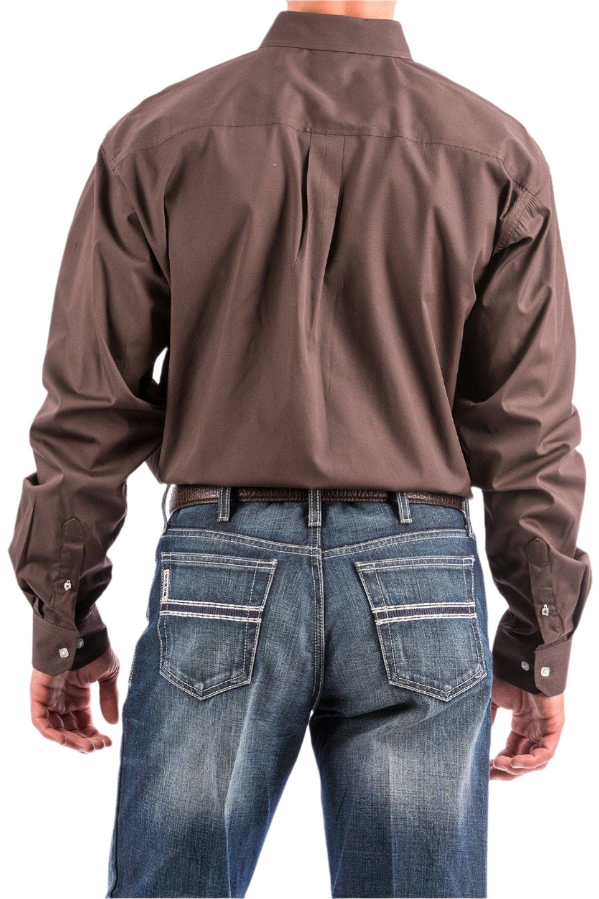Back view of a man wearing a brown long-sleeve button-down shirt and blue jeans, with a belt