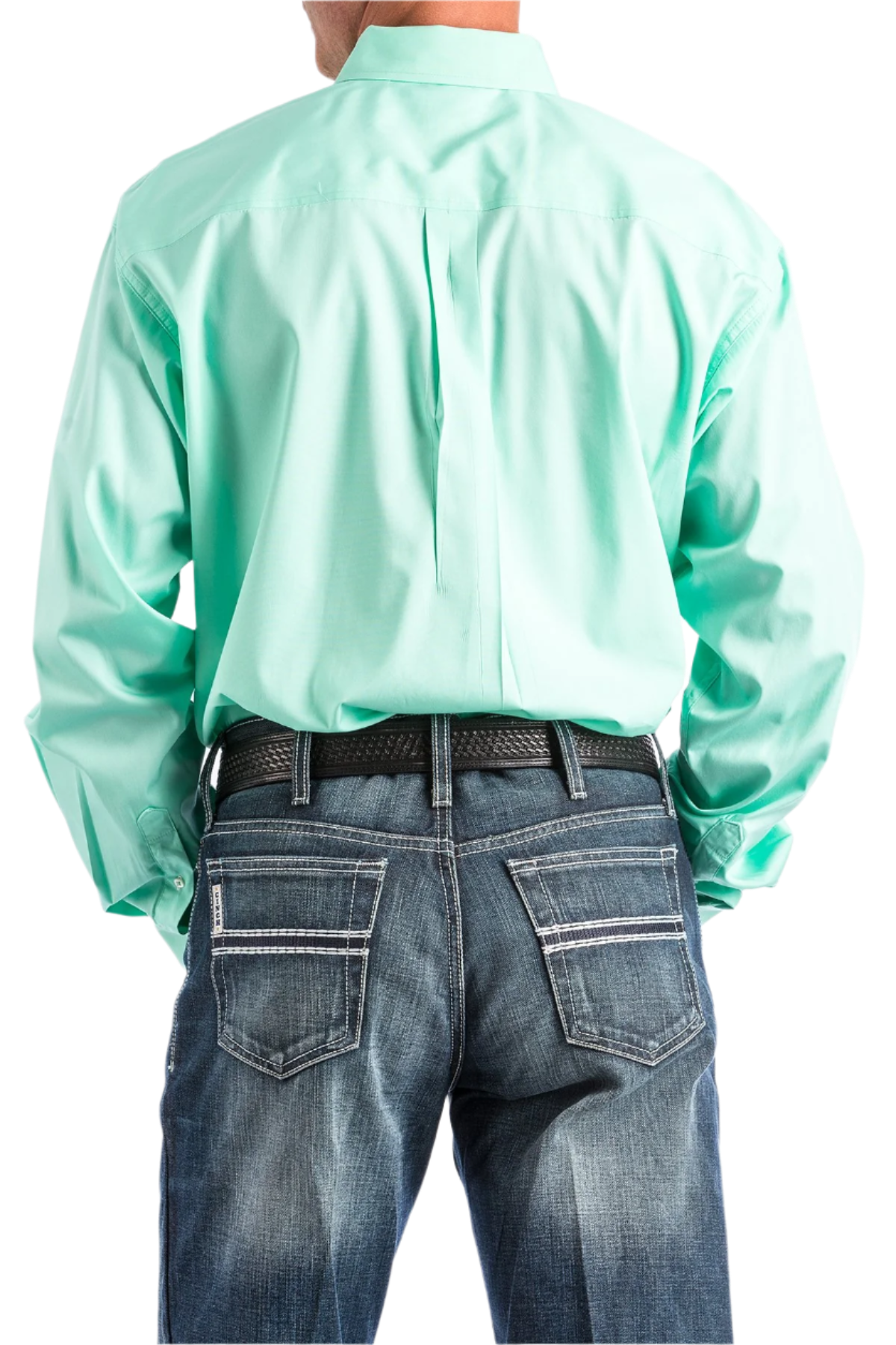 Back view of a man wearing a long-sleeve mint green Western shirt with a button-down collar, paired with blue jeans and a belt