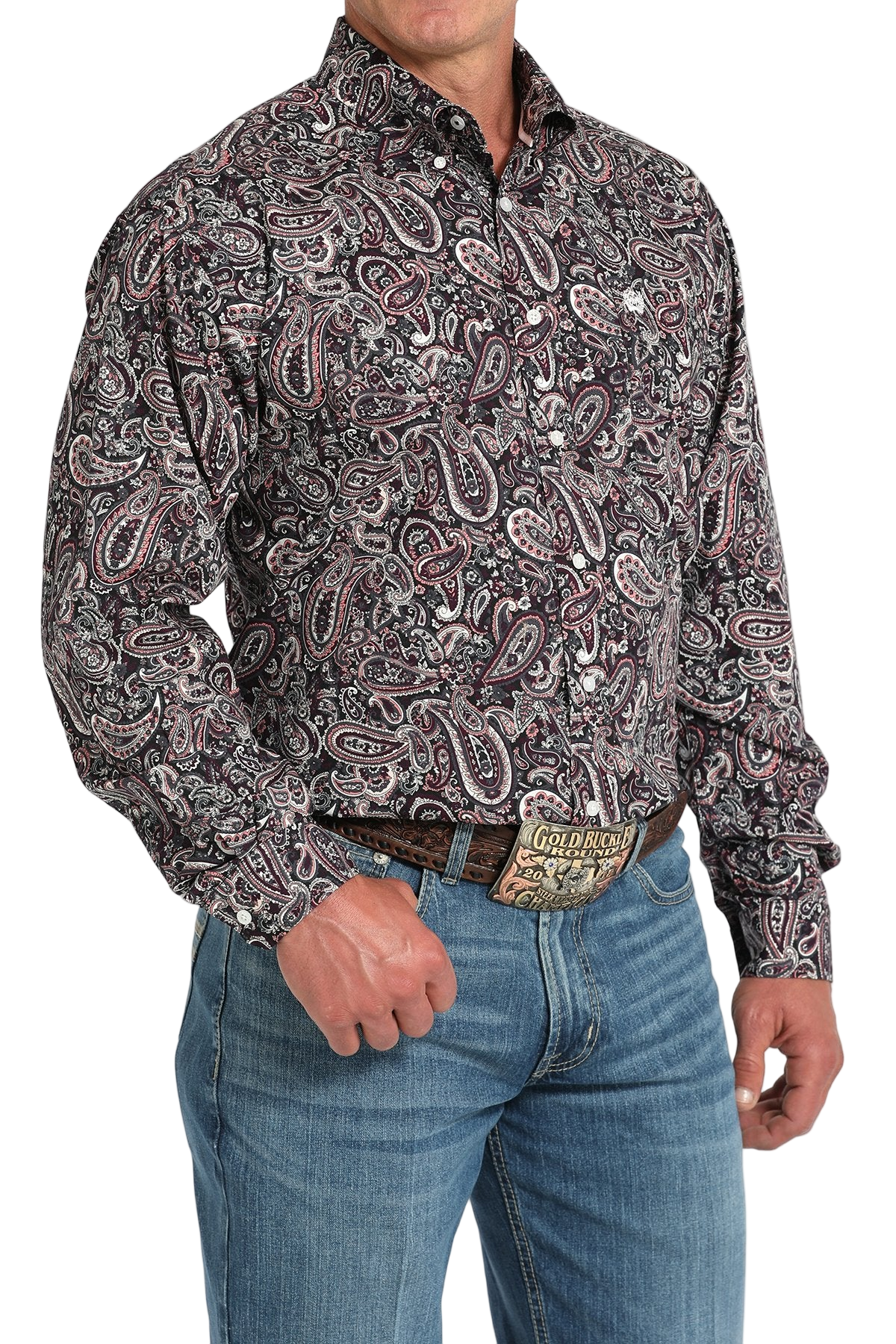 Man wearing a patterned multi-color long sleeve button-down shirt and jeans on a transparent background