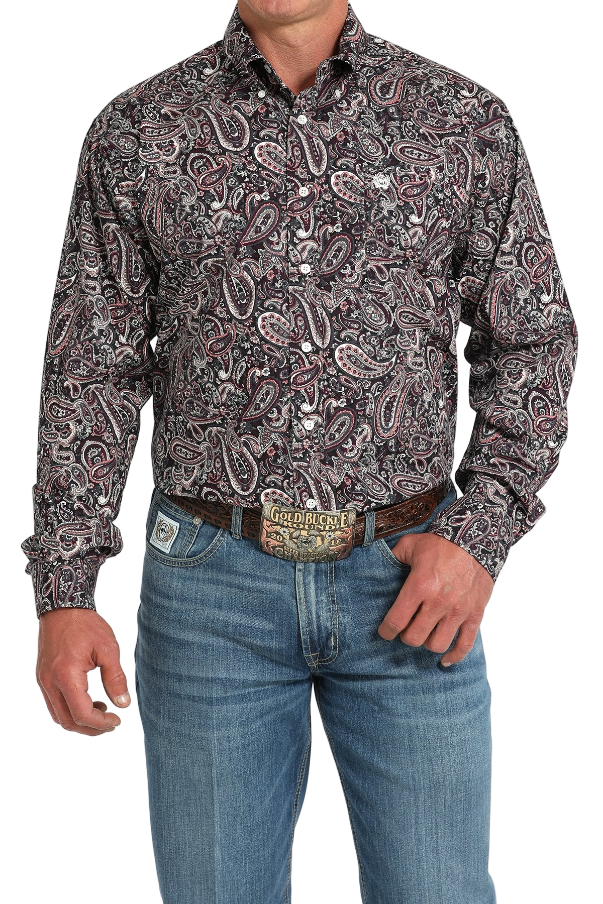 Man wearing a patterned multi-color long sleeve button-down shirt and jeans on a transparent background