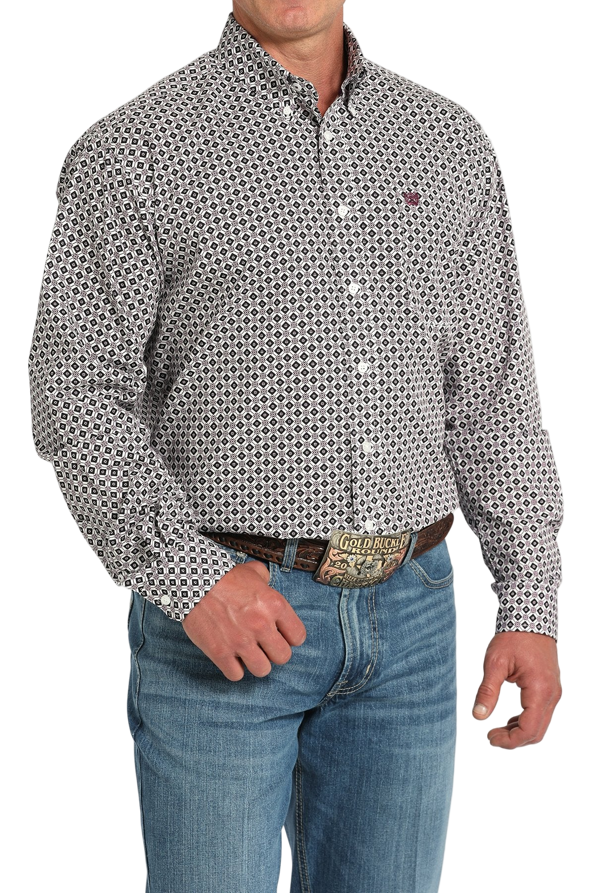 Man wearing a gray patterned button-up shirt with blue jeans on a white background