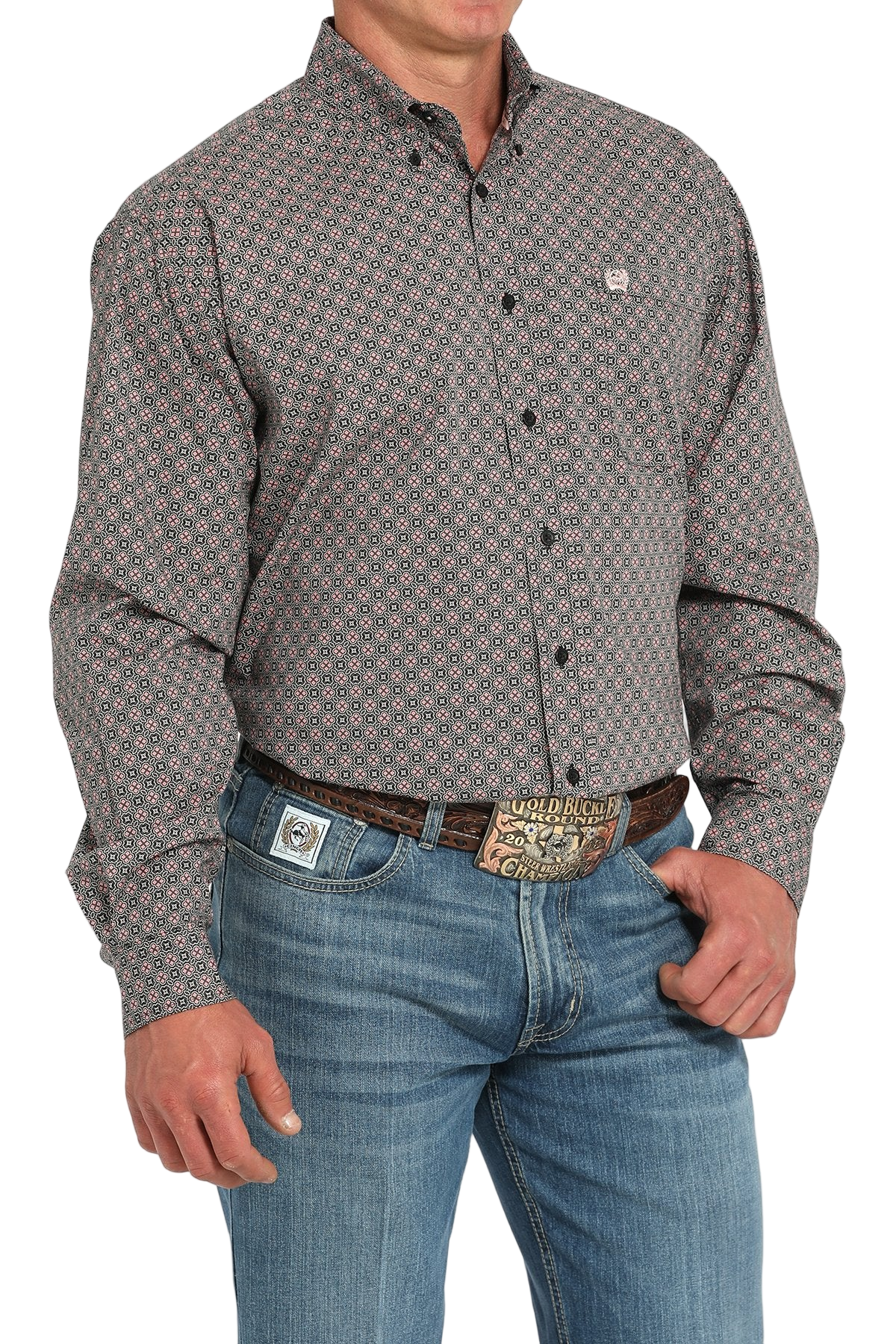 Man wearing a patterned gray long sleeve button-down shirt and jeans on a transparent background