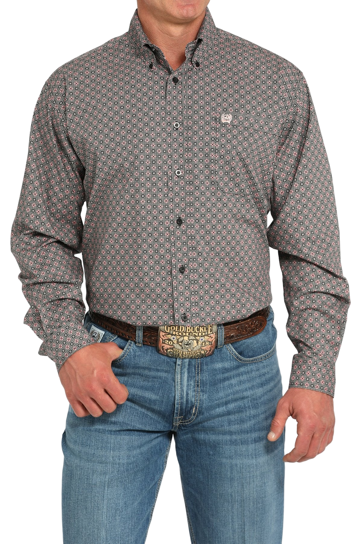 Man wearing a patterned gray long sleeve button-down shirt and jeans on a transparent background