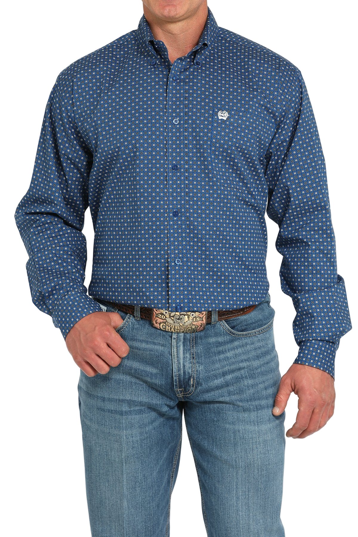 Man wearing a patterned blue long sleeve button-down shirt and jeans on a transparent background