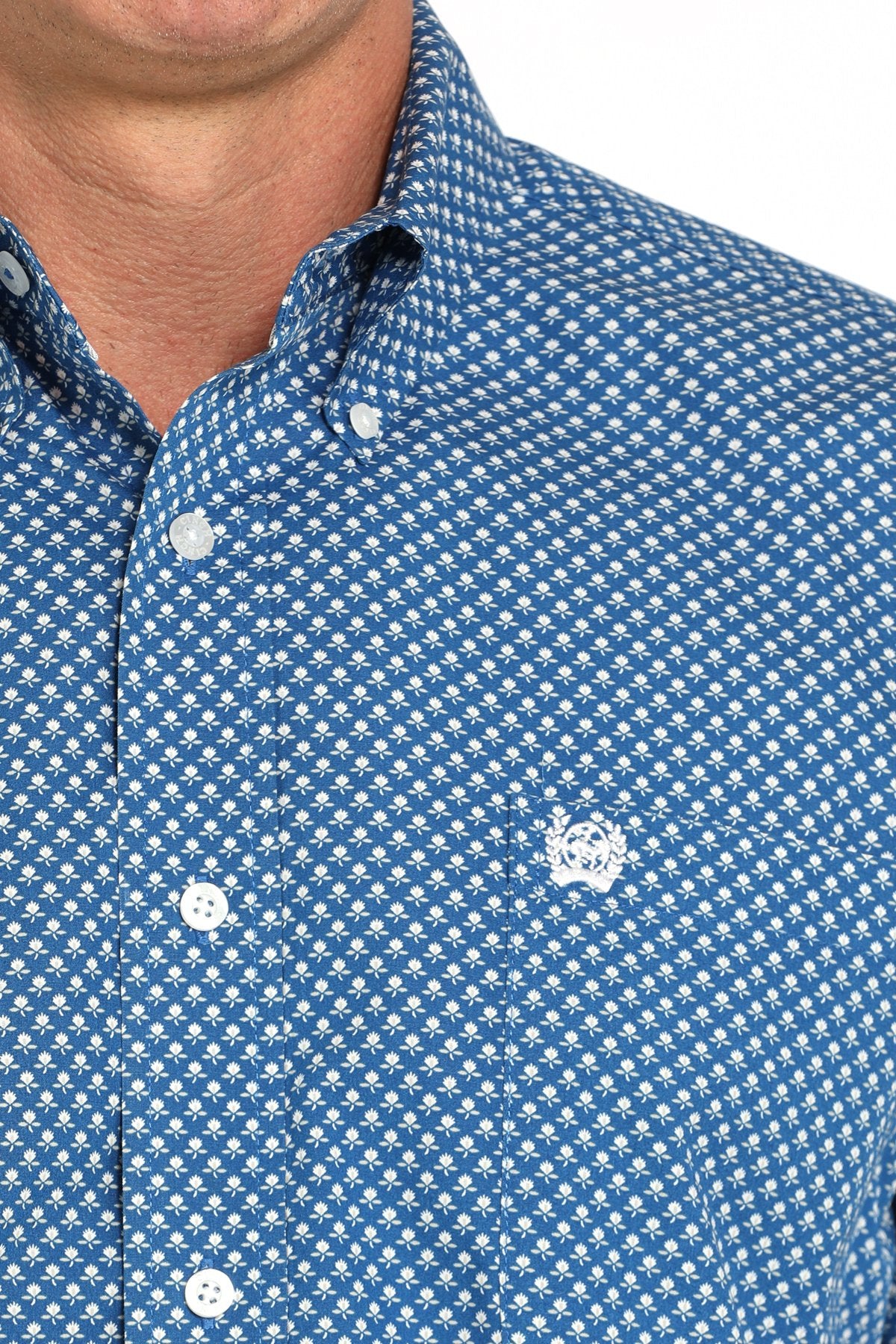 Close-up of a man wearing a blue patterned button-down shirt displayed on a white background.