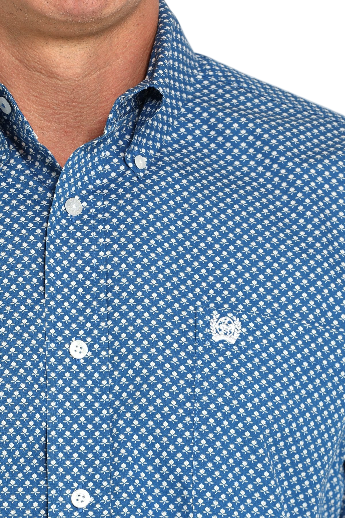 Close-up of a man wearing a patterned blue long sleeve button-down shirt on a transparent background