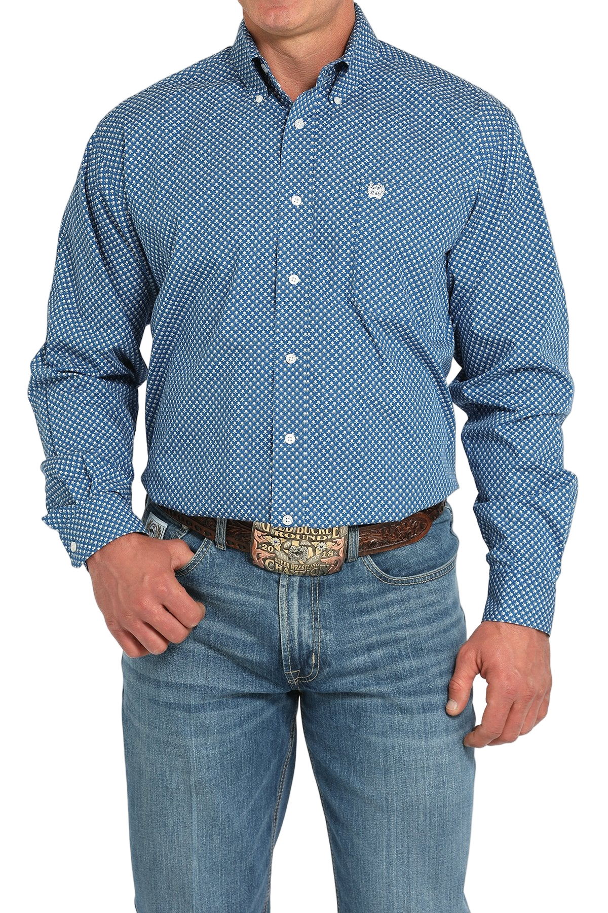 Man wearing a patterned blue long sleeve button-down shirt and jeans on a transparent background