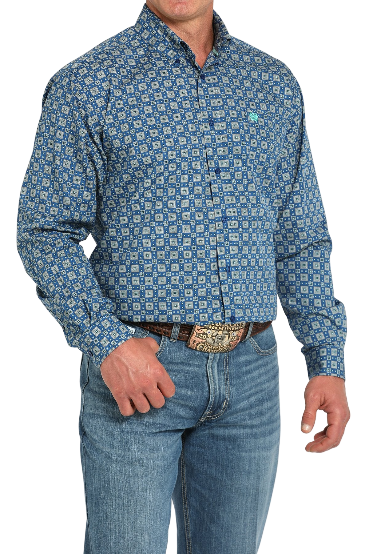 Man wearing a patterned blue long sleeve button-down shirt and jeans on a transparent background