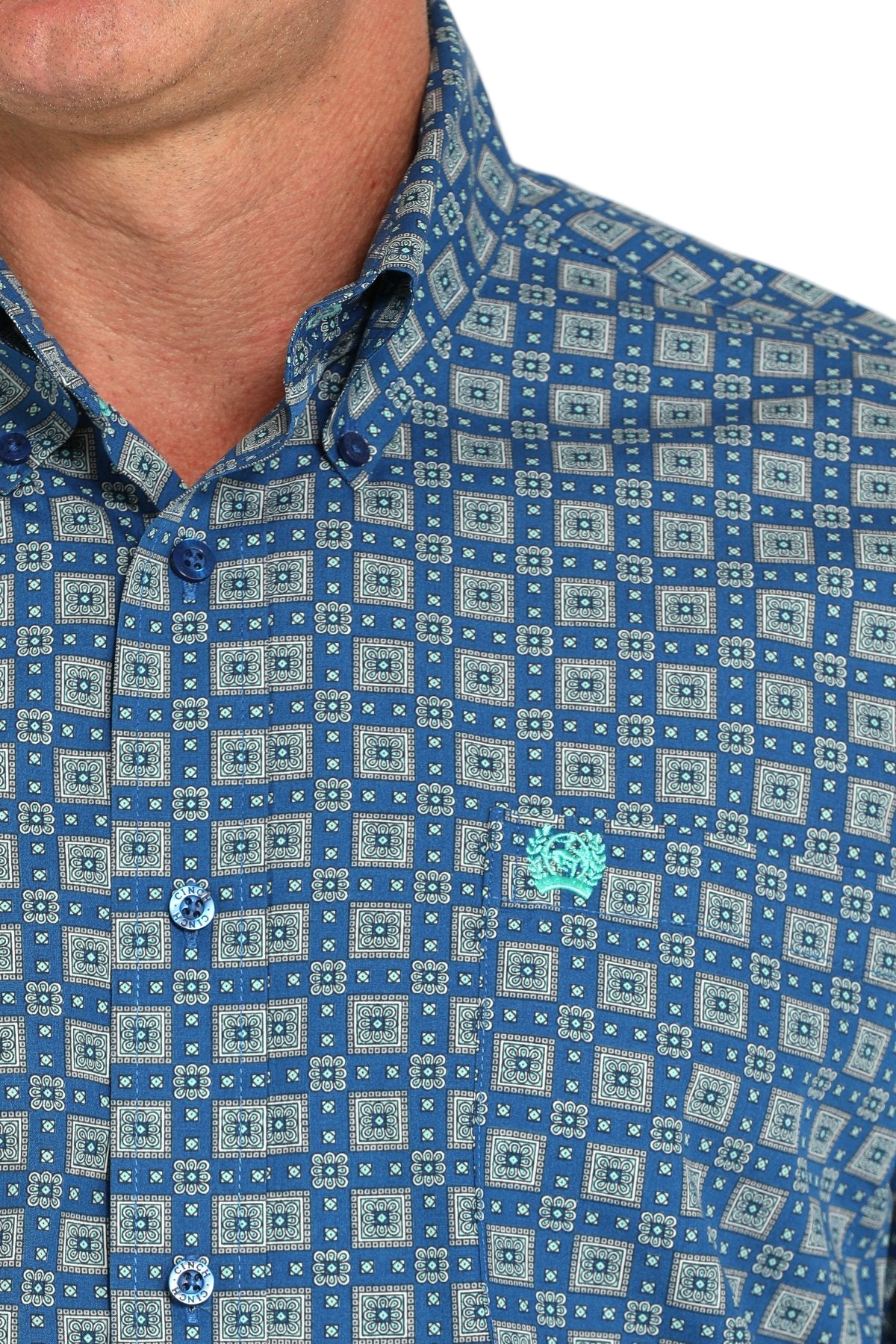 Close-up of a man wearing a patterned blue long sleeve button-down shirt on a transparent background