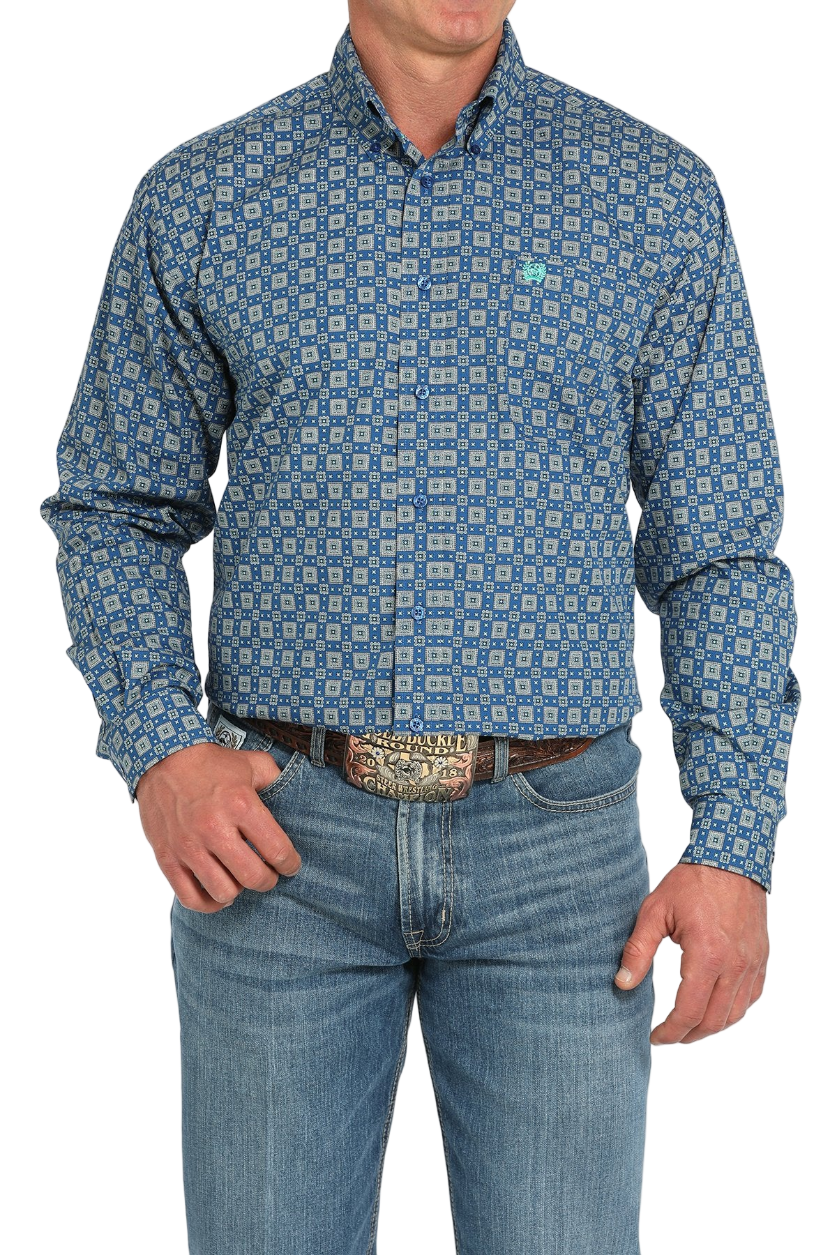 Man wearing a patterned blue long sleeve button-down shirt and jeans on a transparent background