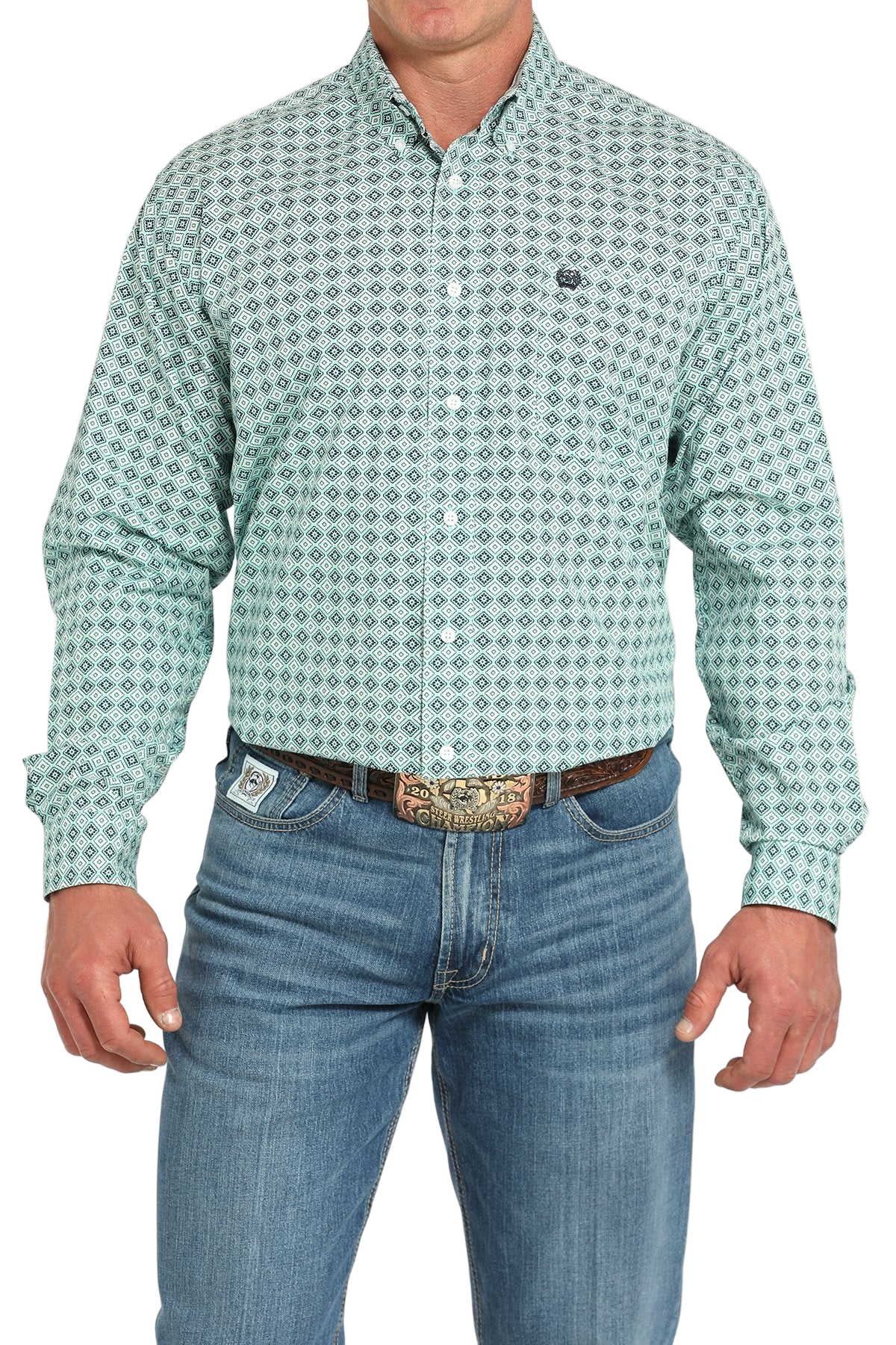 Man wearing a patterned blue long sleeve button-down shirt and jeans on a transparent background