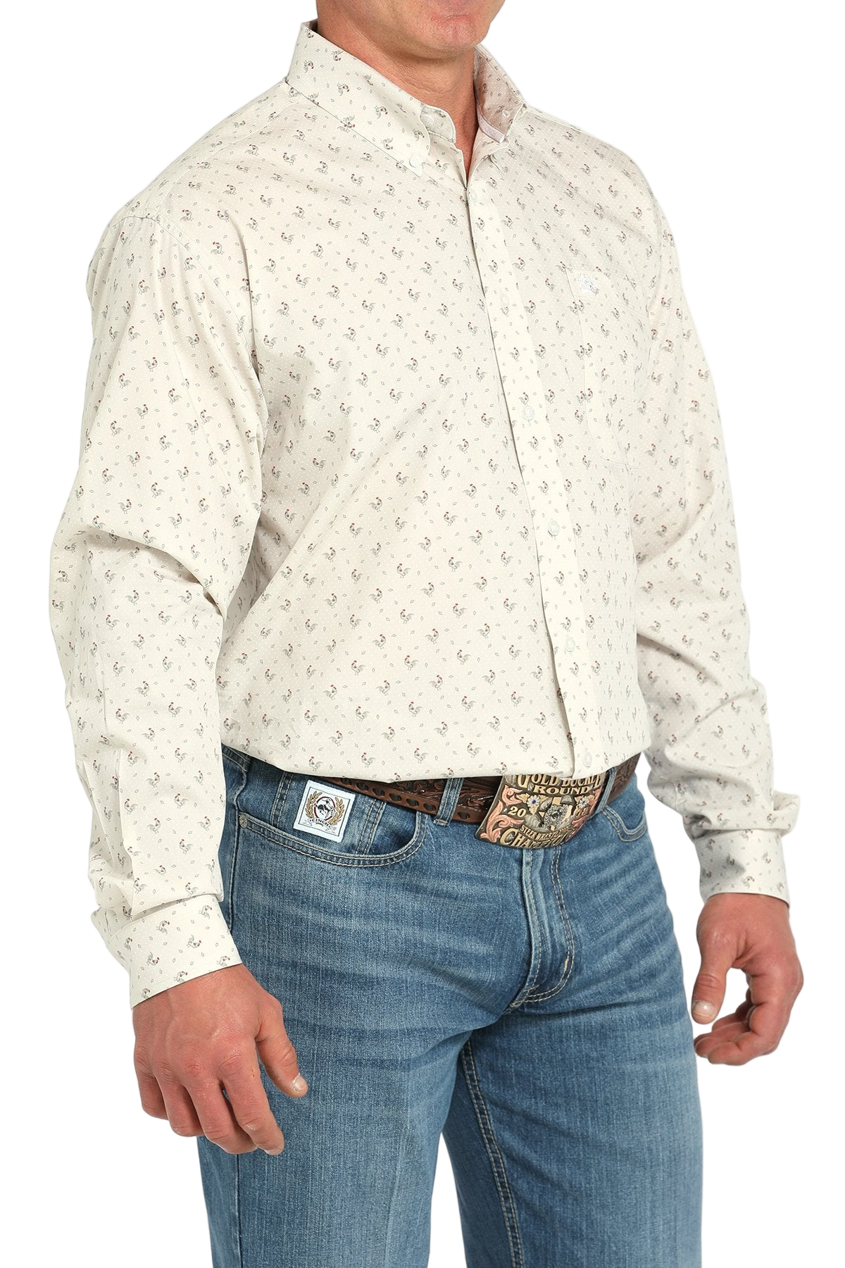 Man wearing a patterned cream-colored long sleeve button-down shirt and jeans on a transparent background