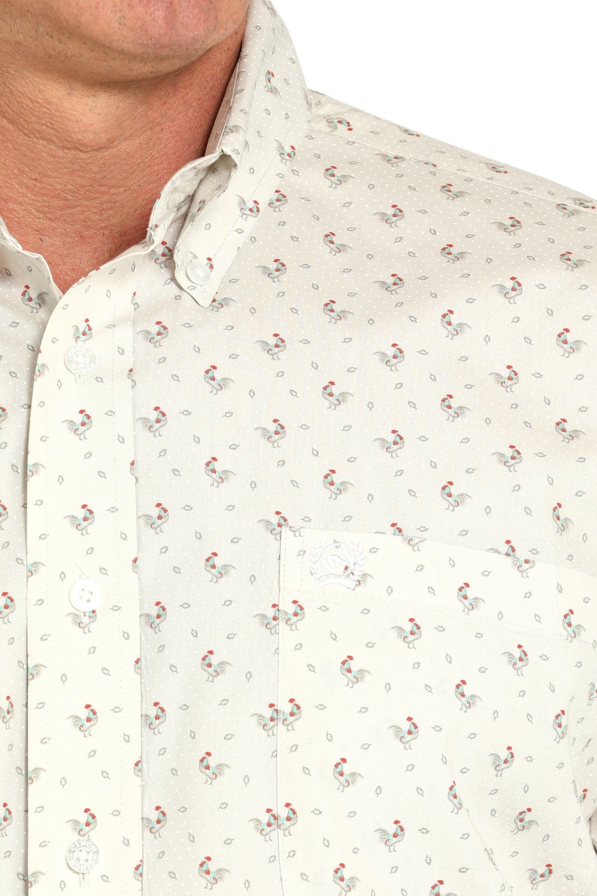 Close-up view of a gray long-sleeve button-down shirt with a small rooster print pattern displayed on a white background.