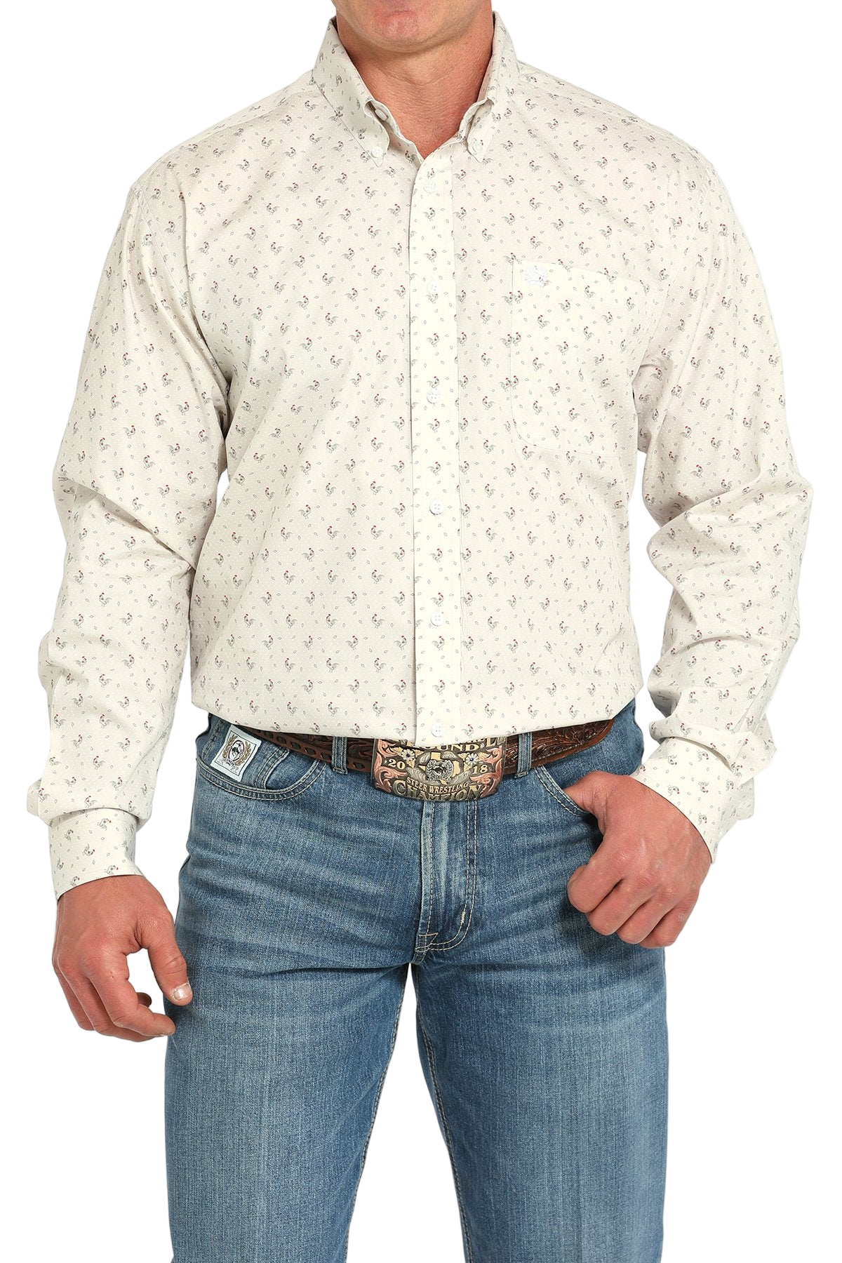 Man wearing a patterned cream-colored long sleeve button-down shirt and jeans on a transparent background