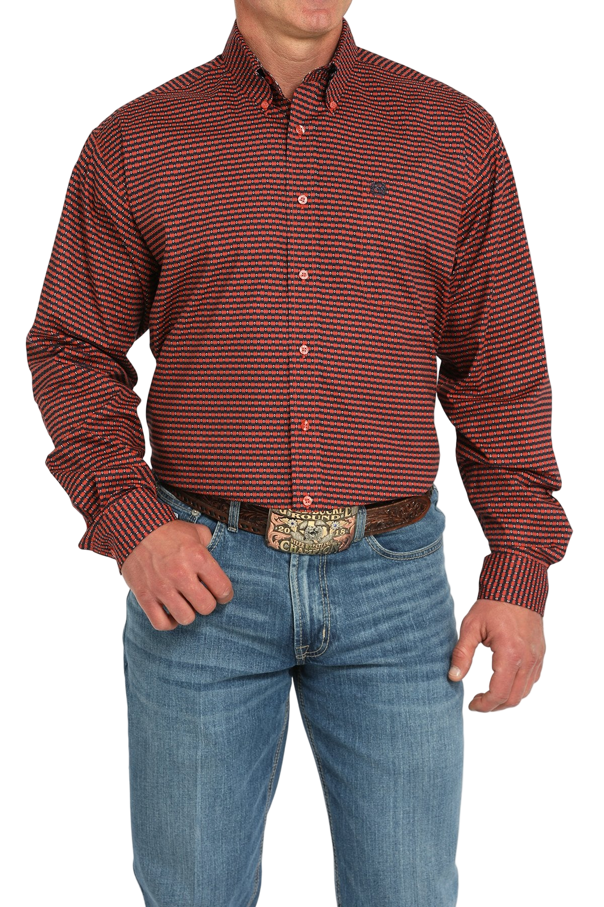 Man wearing a patterned maroon long sleeve button-down shirt and jeans on a transparent background