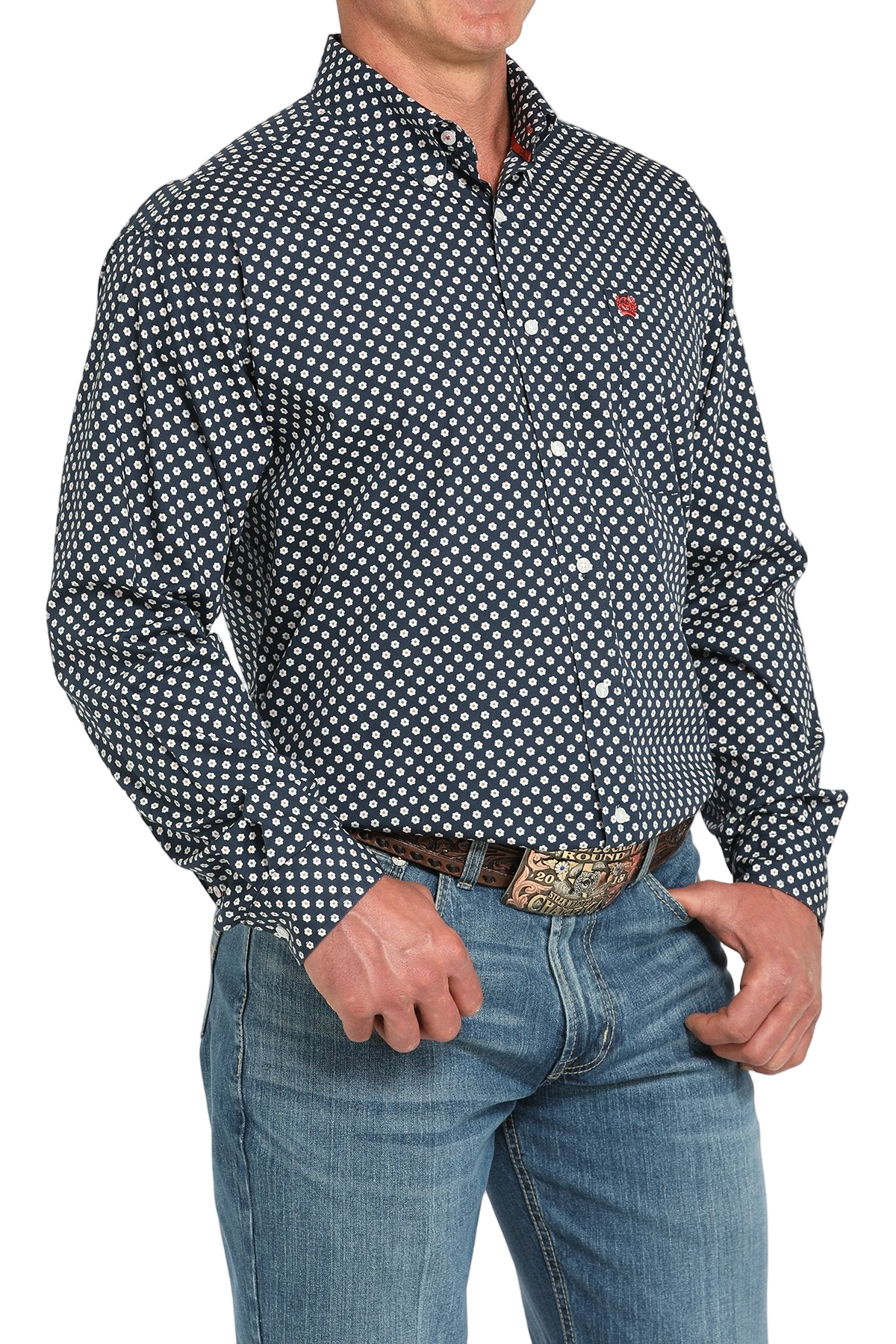 Man wearing a patterned black long sleeve button-down shirt and jeans on a transparent background