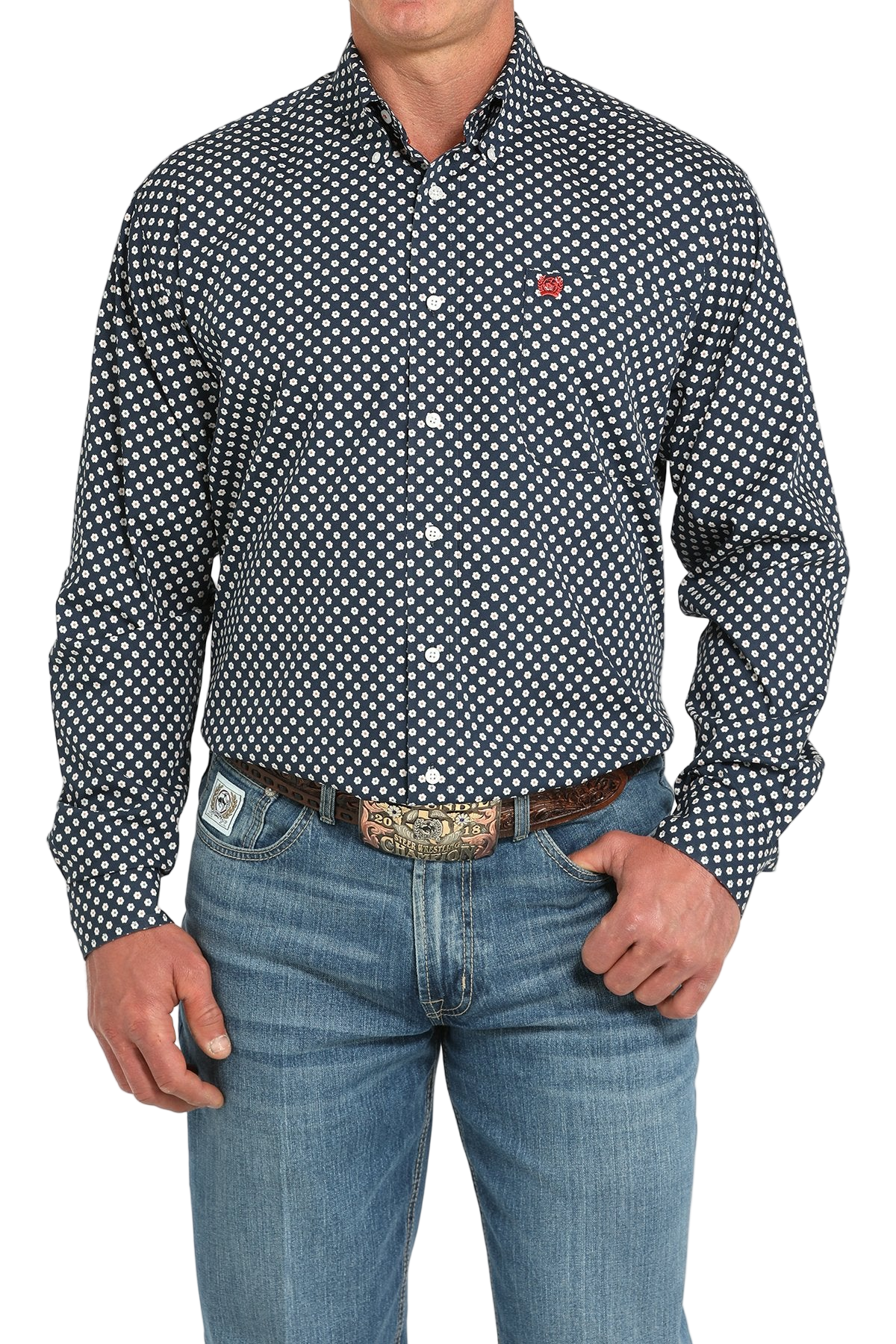 Man wearing a patterned black long sleeve button-down shirt and jeans on a transparent background