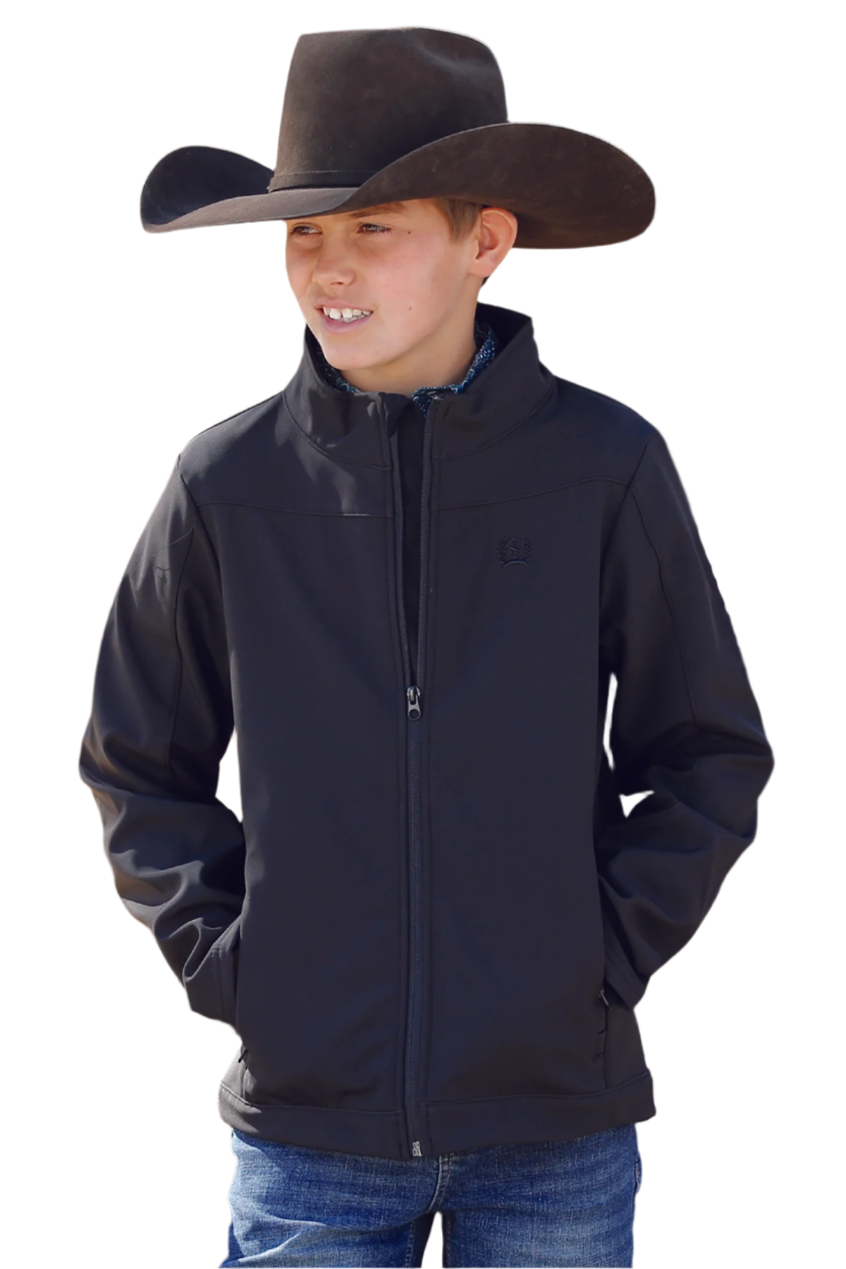 Boy wearing a black jacket with jeans and cowboy hat