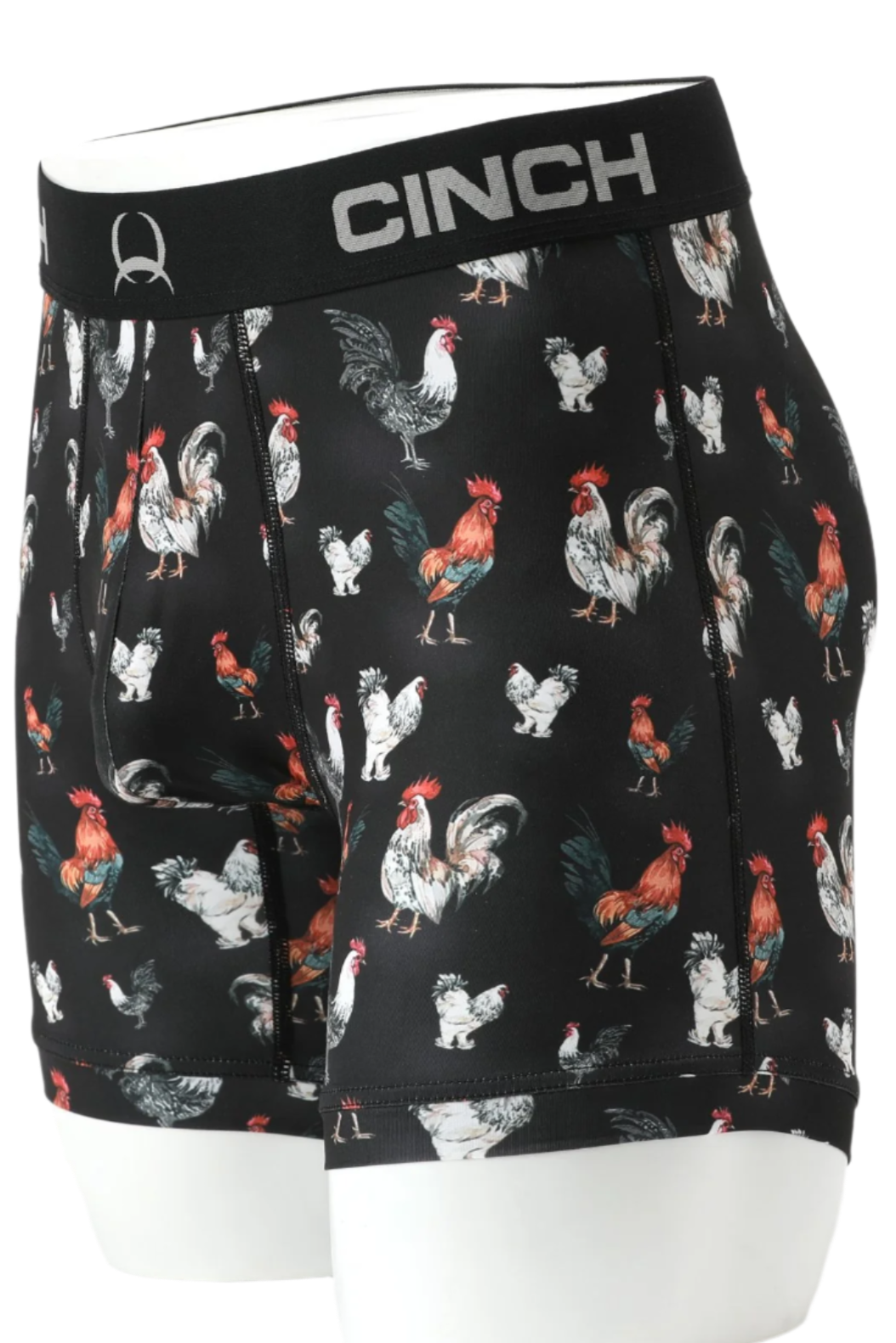 Boxer briefs with a rooster pattern on a black background