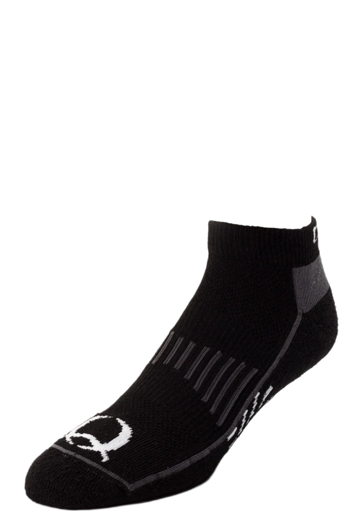 Black ankle sock with white logo on a white background