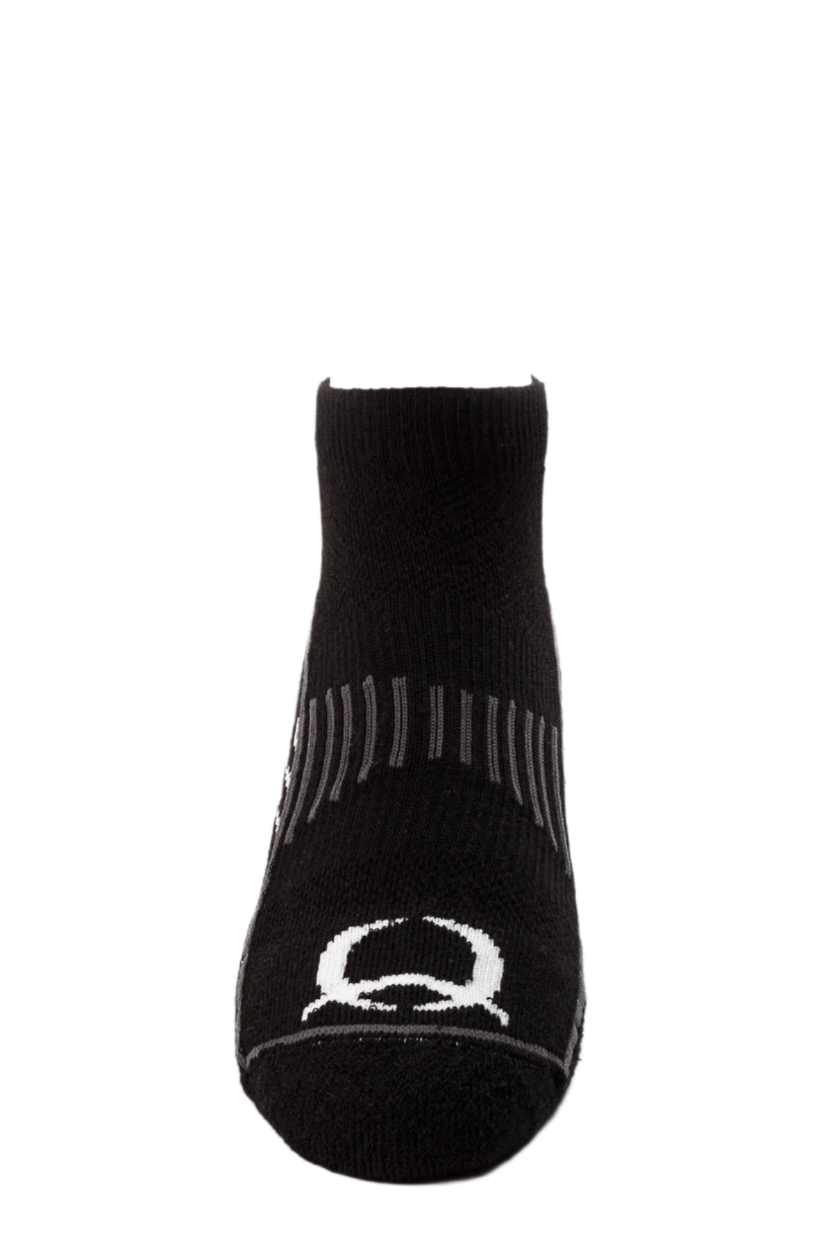 Black ankle sock with white logo on a white background