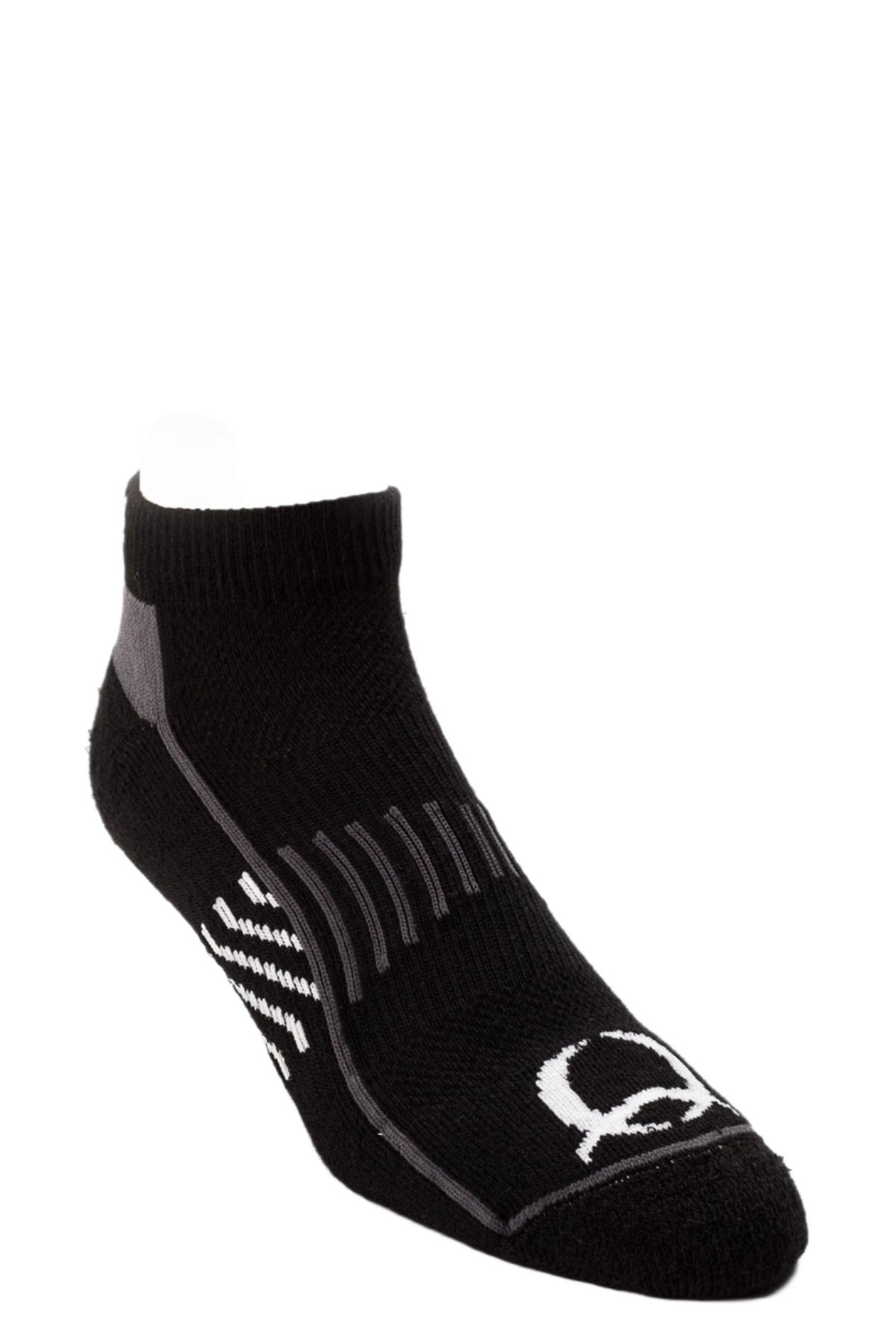Black ankle sock with white logo on a white background