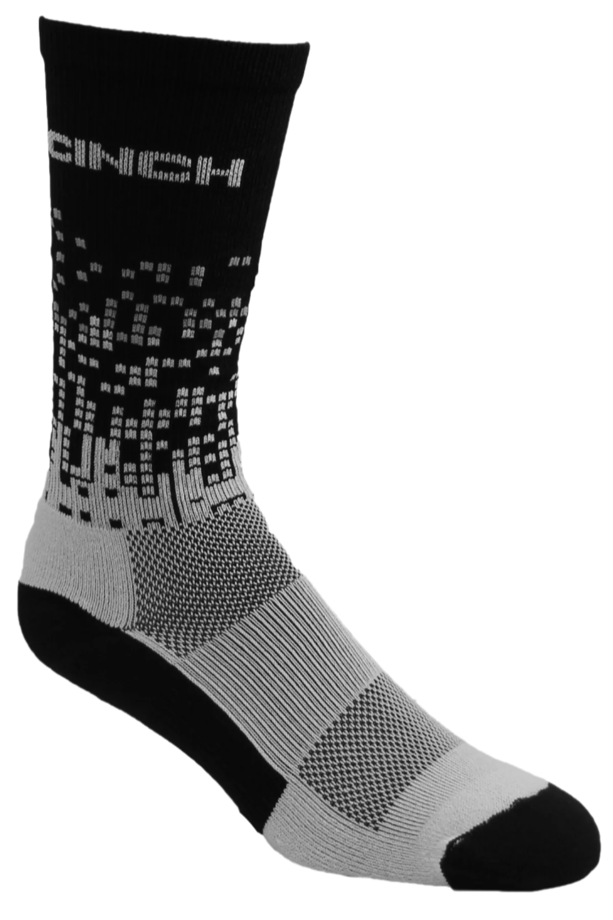 Black and gray sock with 'CINCH' branding on a white background