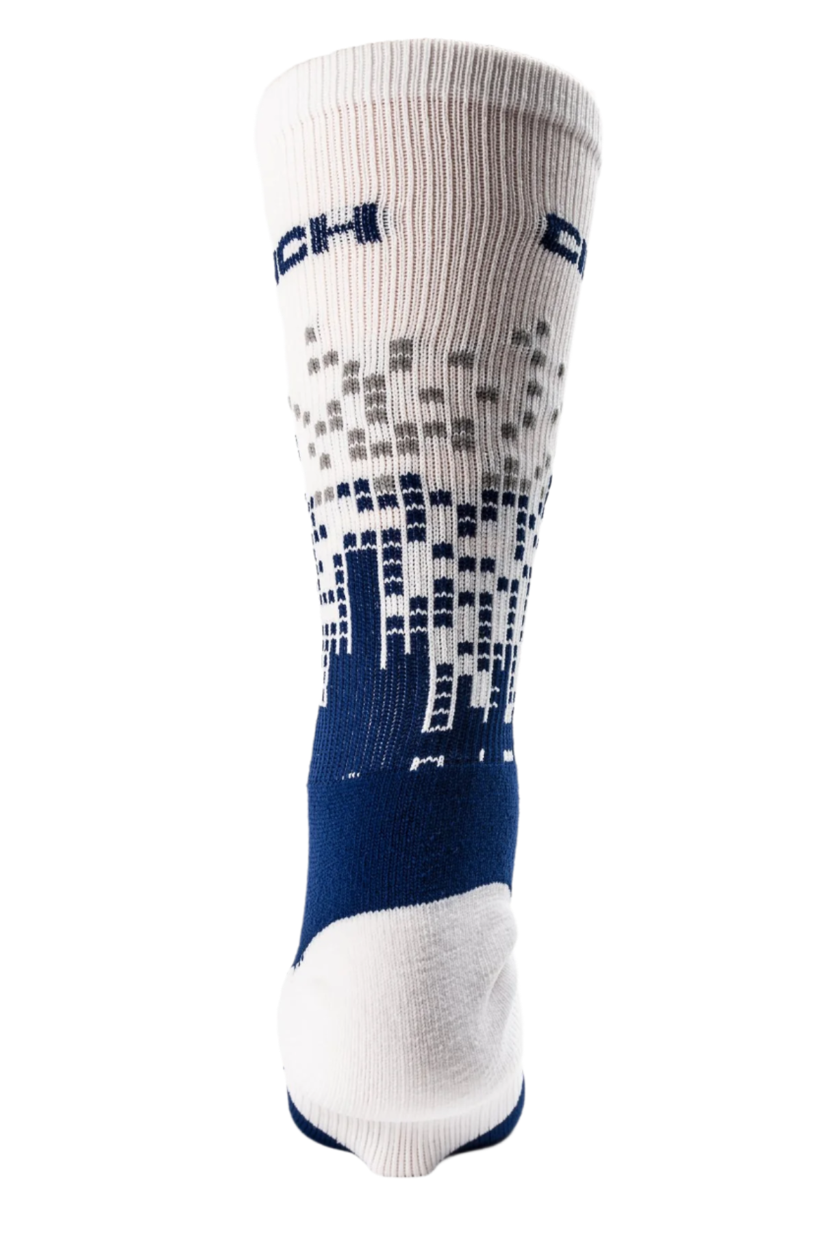 Back view of white and blue sock with 'Cinch' branding on a white background