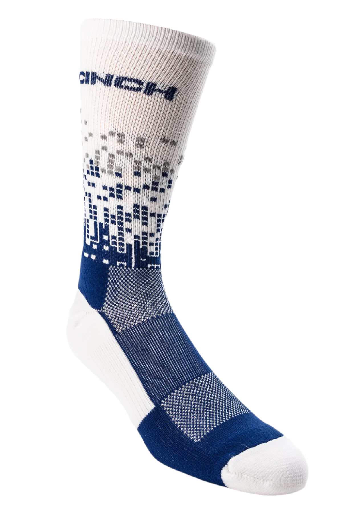 White and blue sock with 'Cinch' branding on a white background