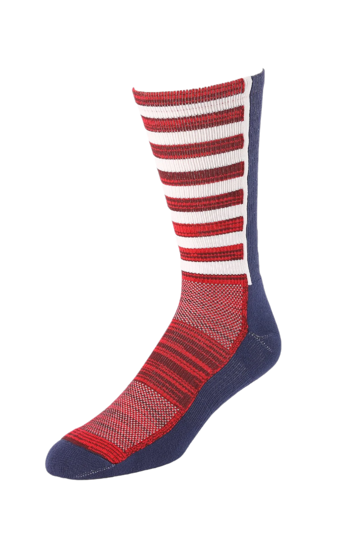 Striped sock with red, white, and blue colors on a white background