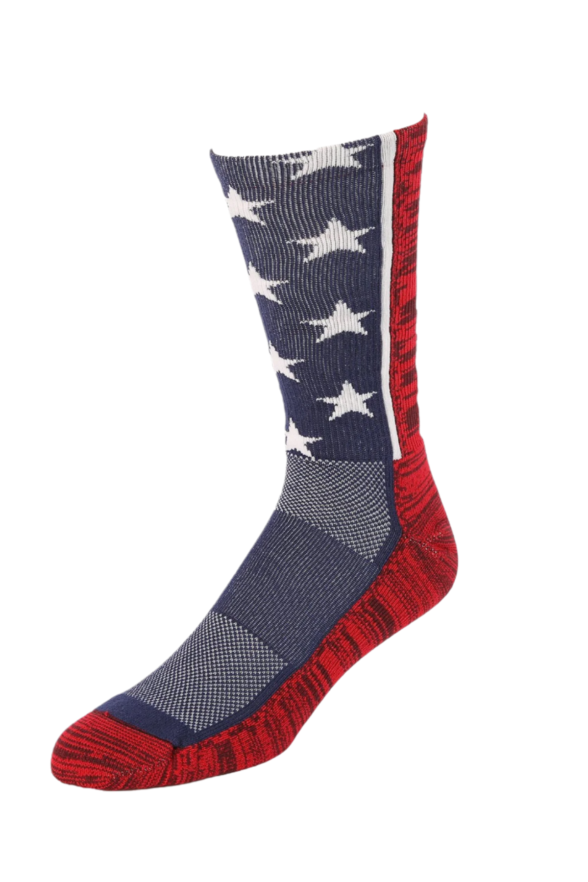 Striped sock with red, white, and blue colors on a white background