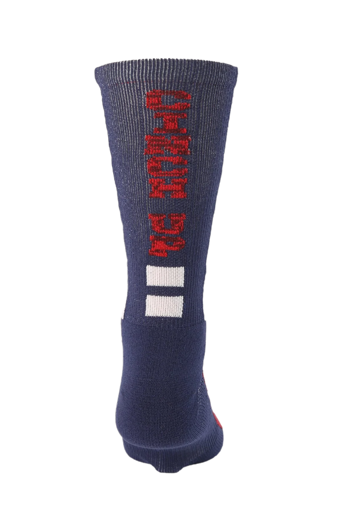 Back view of a sock with red, white, and blue colors on a white background