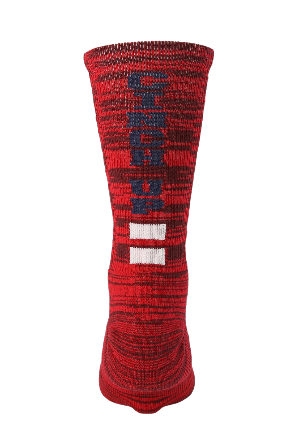 Back view of a sock with red, white, and blue colors on a white background