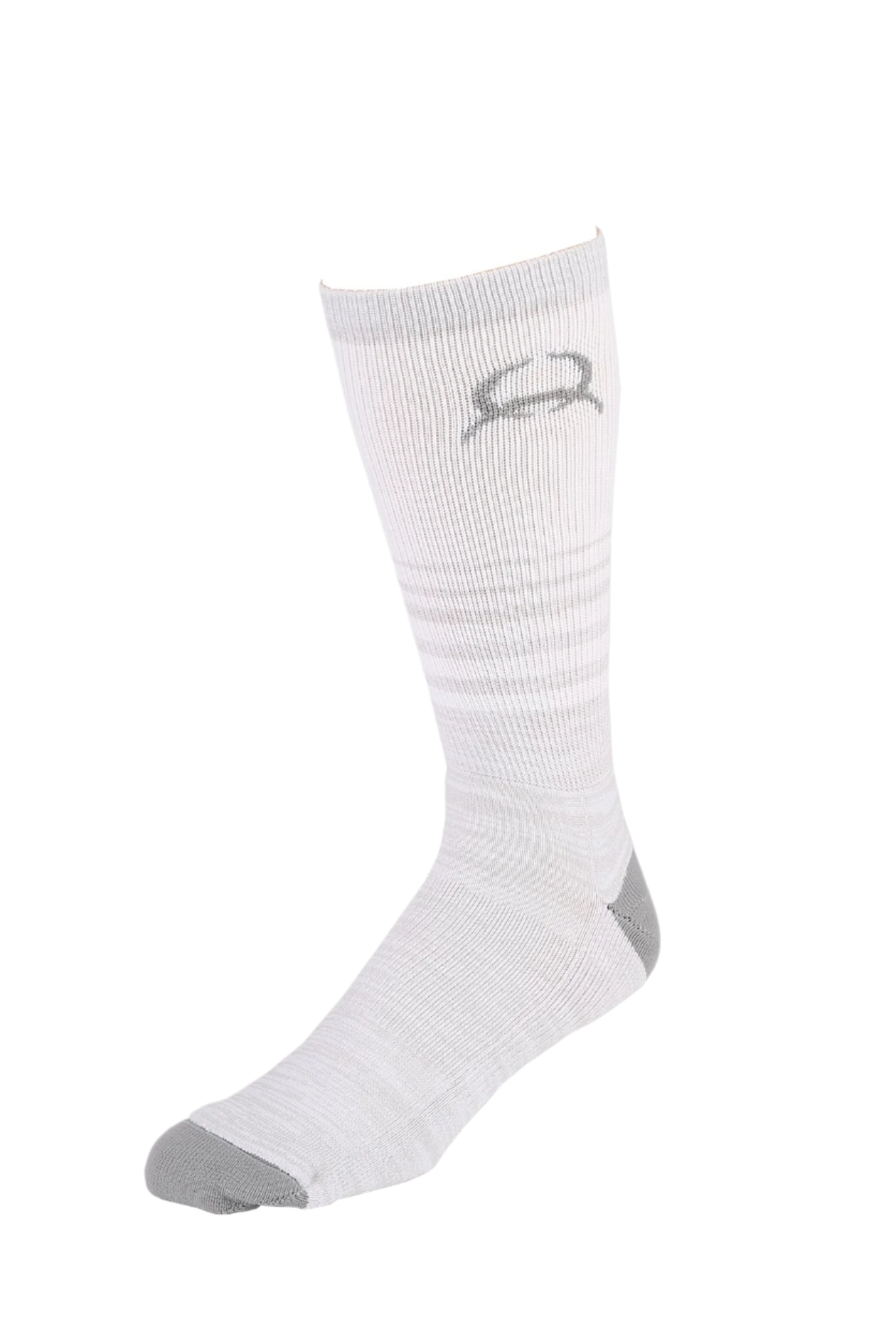 White knee-high sock with a logo on a white background