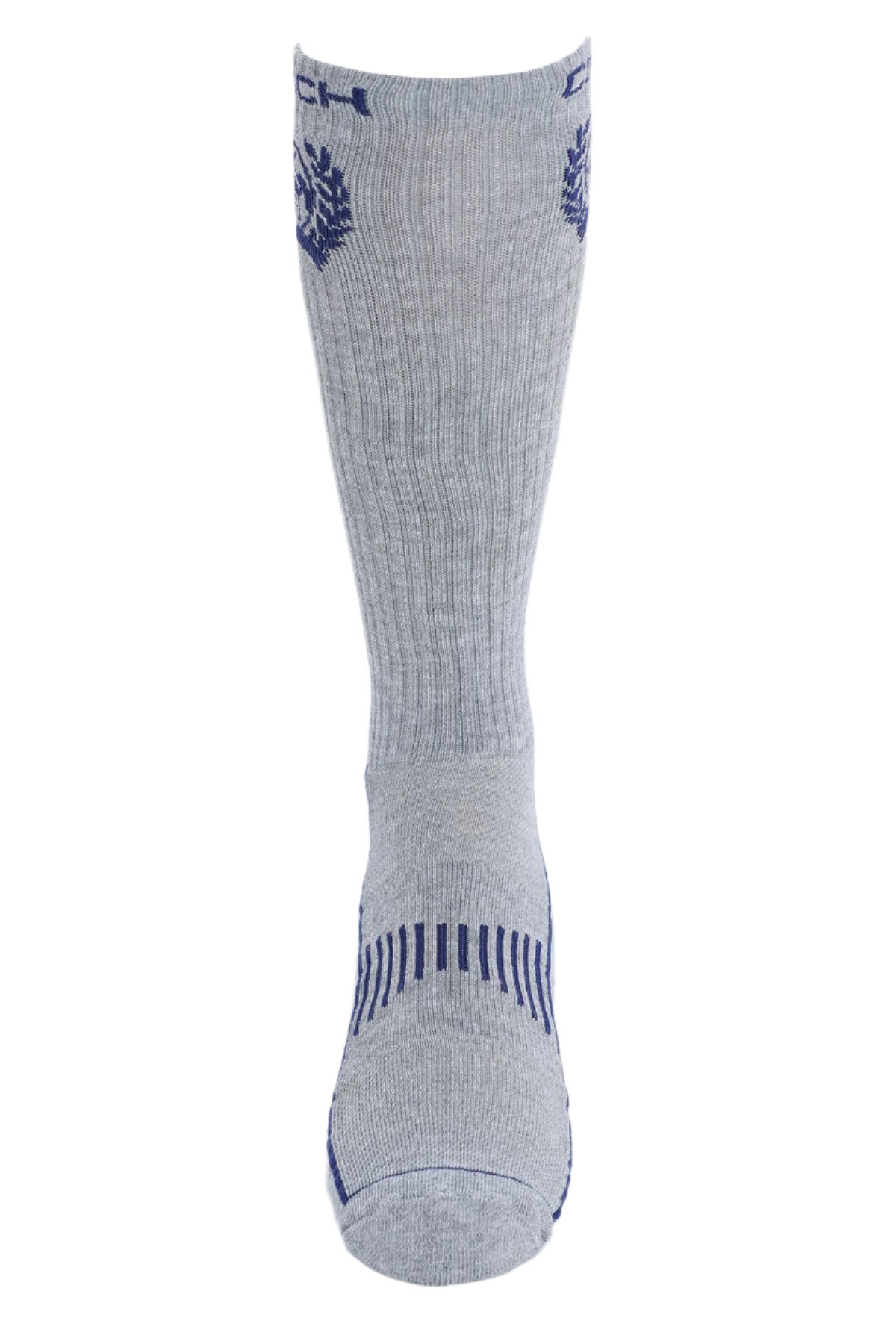 Gray sock with blue logo and text on a white background