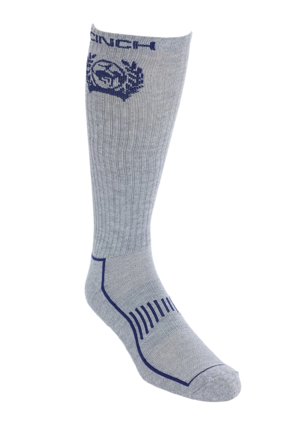 Gray sock with blue logo and text on a white background
