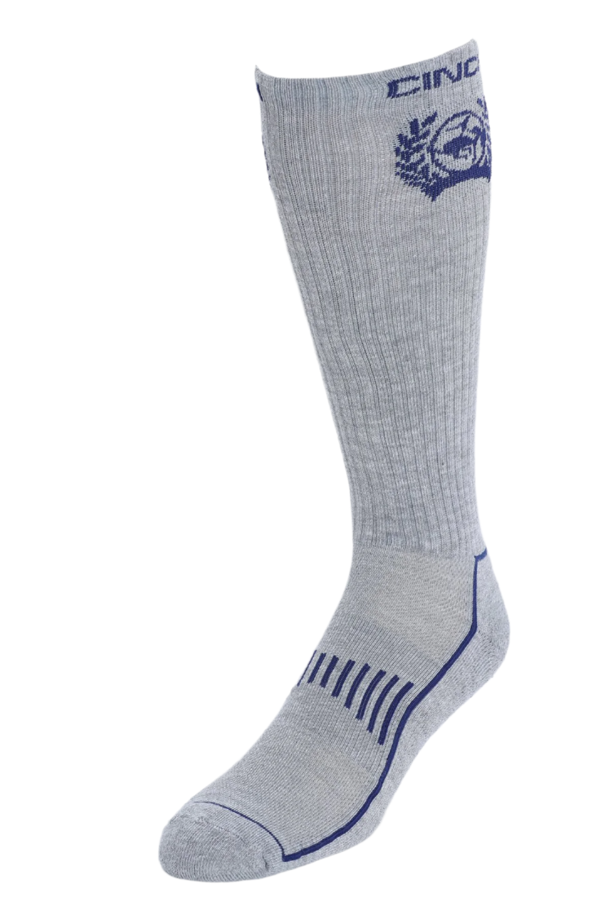 Gray sock with blue logo and text on a white background