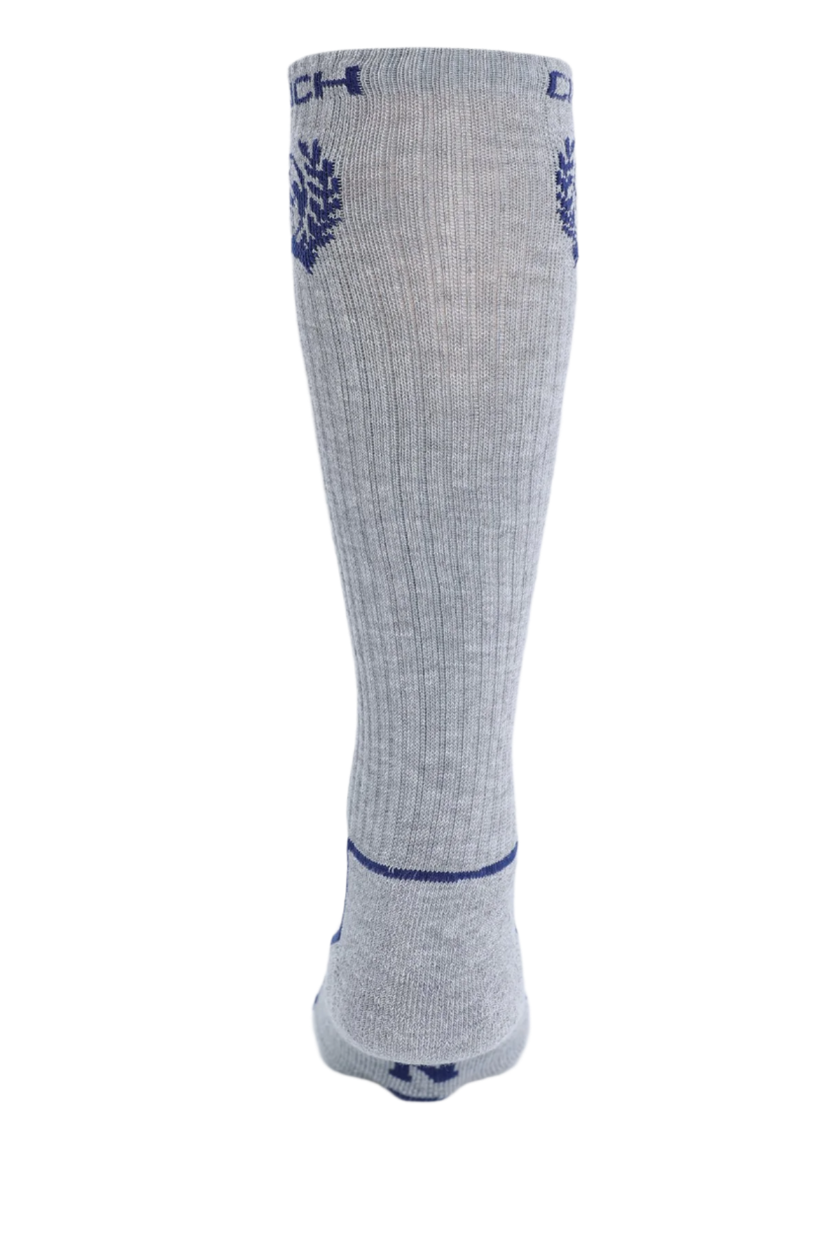 Back view of a gray sock with blue logo and text on a white background