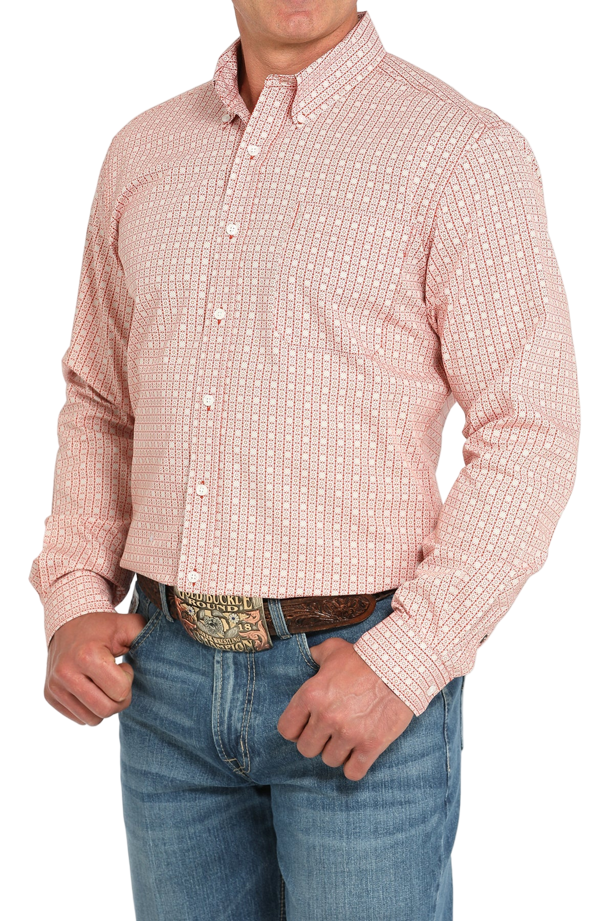 Man wearing a patterned light pink long sleeve button-down shirt and jeans on a transparent background