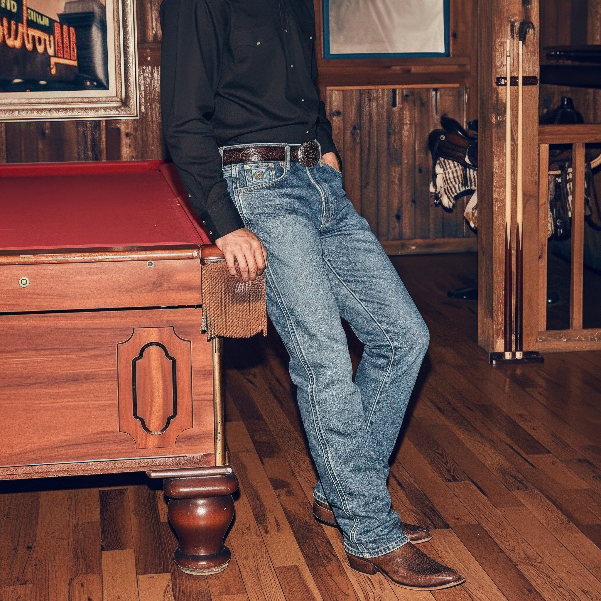 Lower half of a man leaning against a pool table wearing a black long sleeve button-down shirt, jeans, a western belt and brown boots