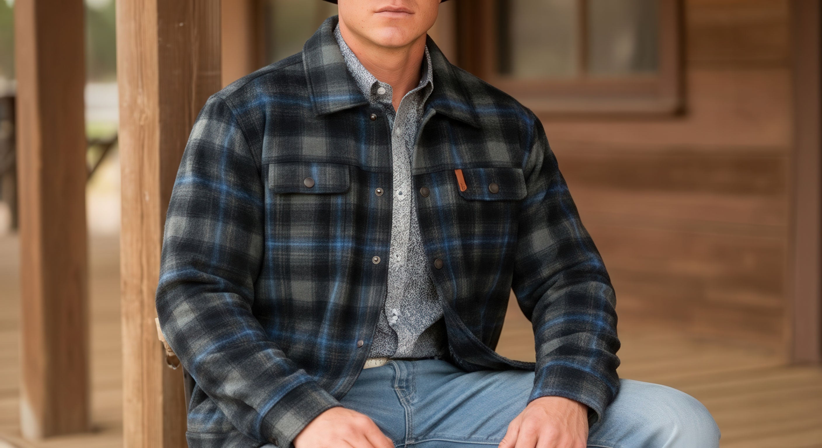 A man wearing a plaid jacket, patterned shirt, and jeans sits on a wooden porch with his hands resting on his knees