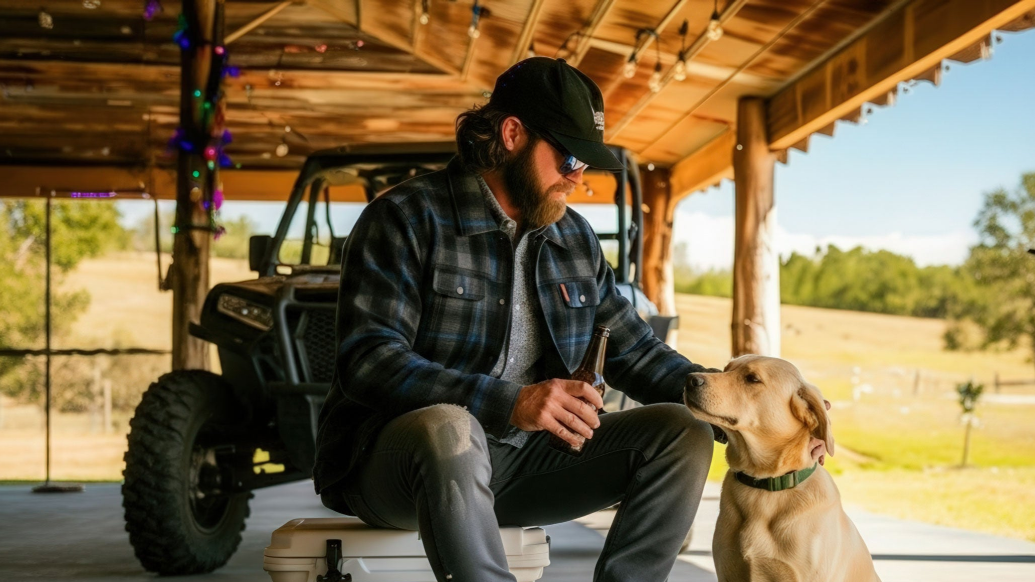 A man wearing a plaid jacket, cap, and sunglasses sits on a cooler holding a drink while petting a yellow Labrador under a wooden shelter with a utility vehicle parked behind him